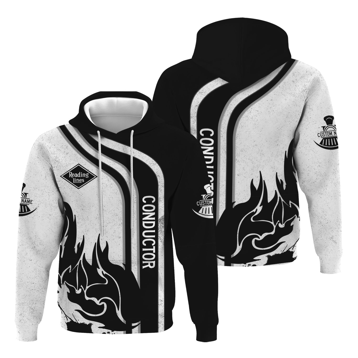 Railspirit Personalized Reading Railroad Hoodie Flame Design with Custom Job Position Train Zip Up Hoodie