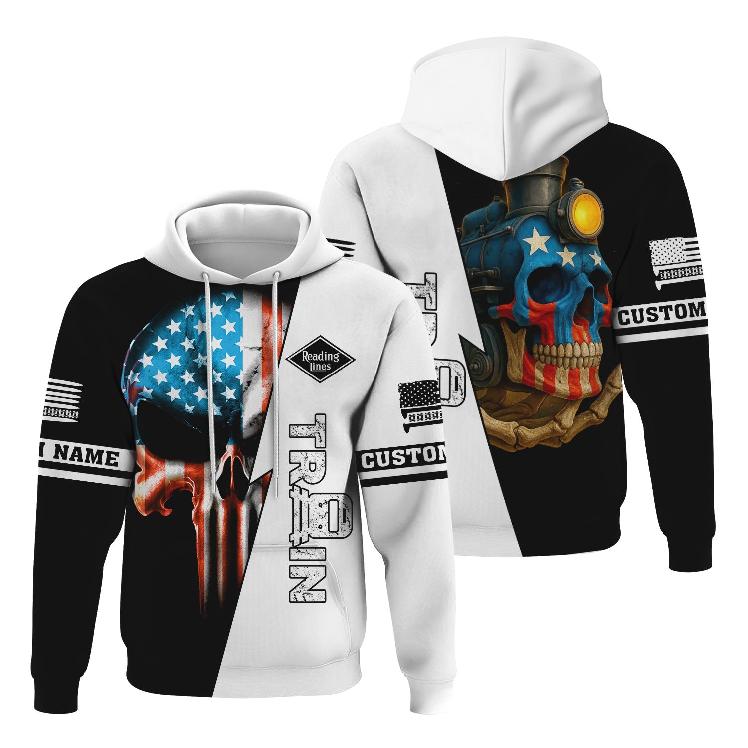 Railspirit Personalized Reading Railroad Hoodie Train Skull American Flag Zip Up Hoodie All Over Print