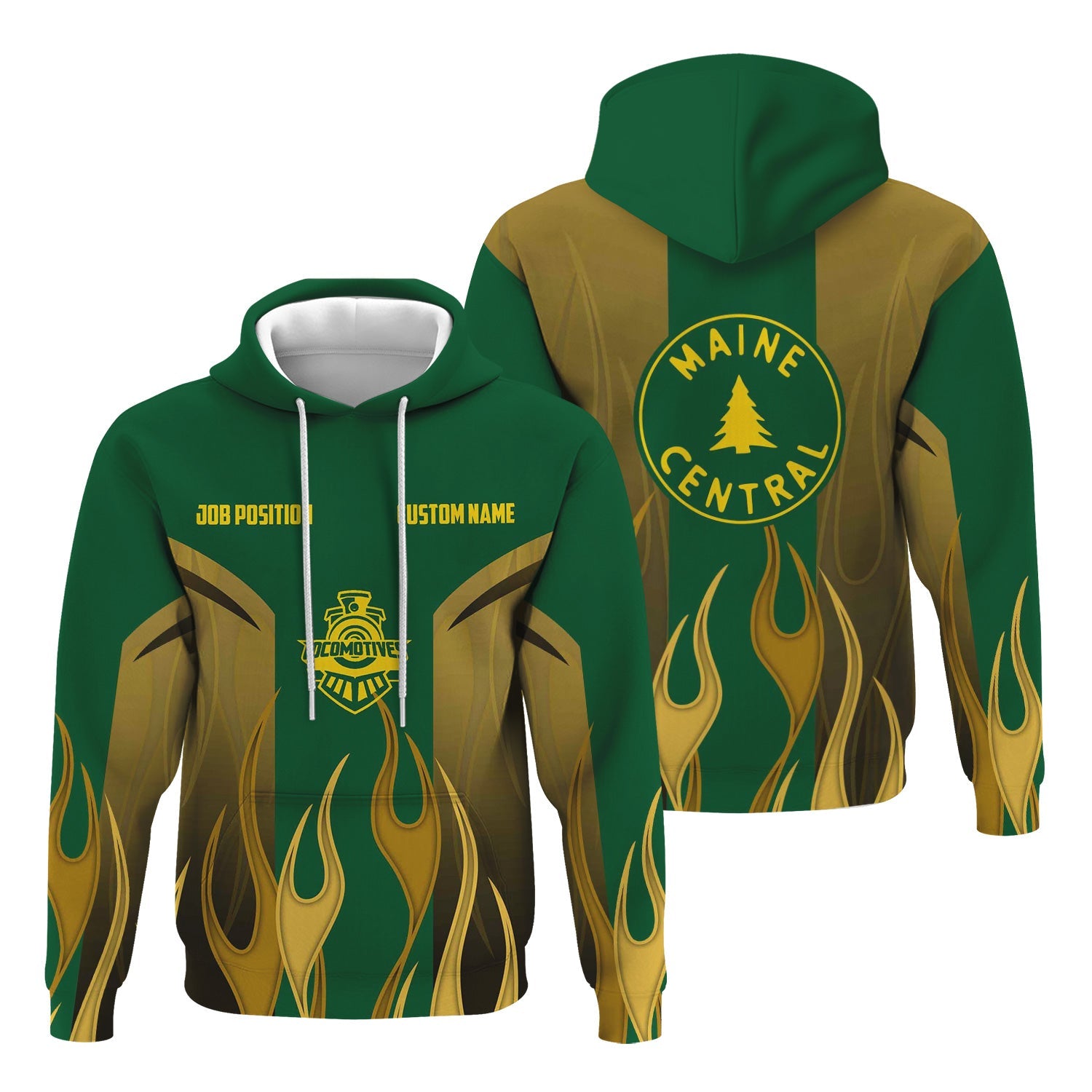 Railspirit Custom Name and Job Title Maine Central Railroad Hoodie Flame Graphic Train Zip Up Hoodie 