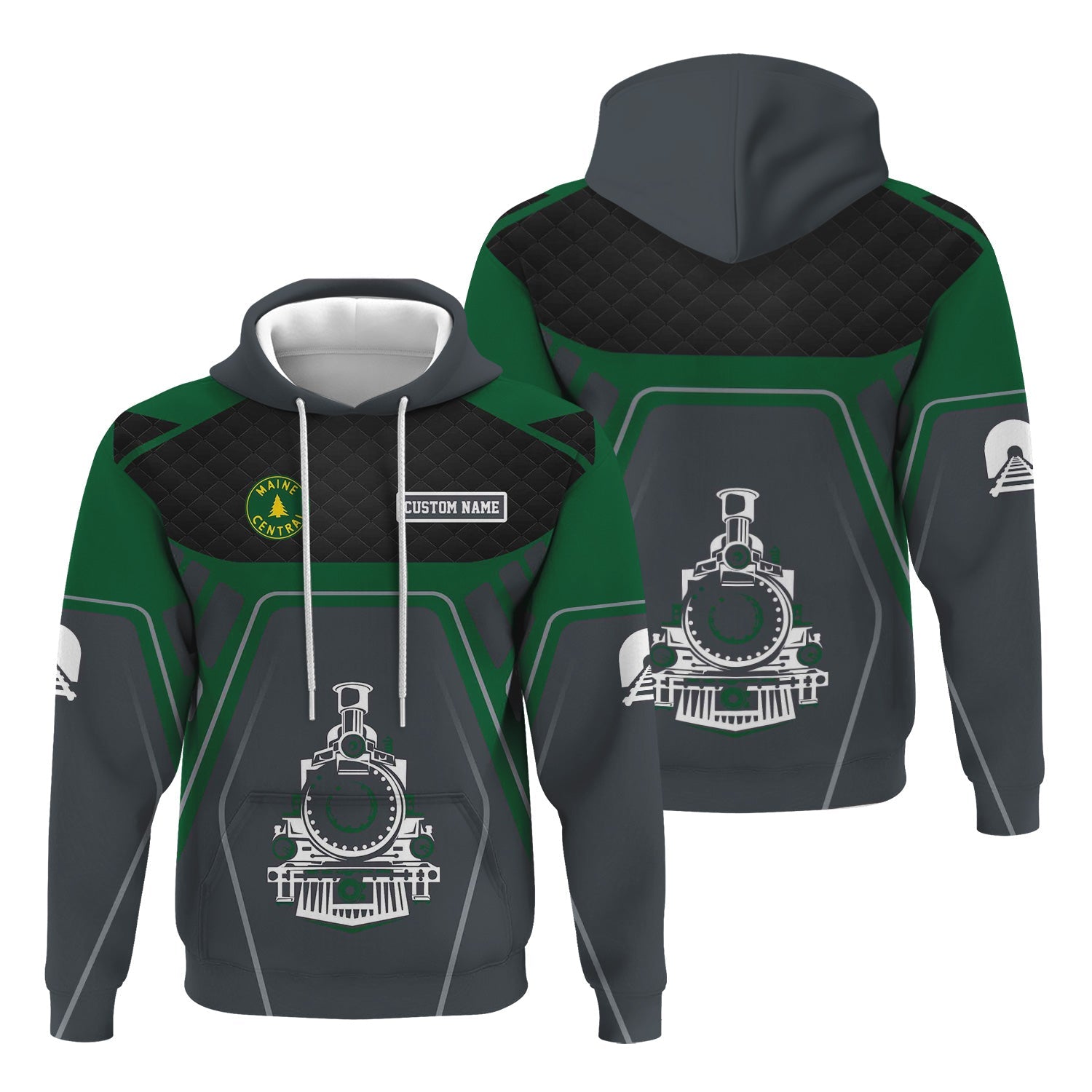 Railspirit Personalized Maine Central Railroad Hoodie Steam Locomotive Engine Graphic Train Zip Up Hoodie All Over Print