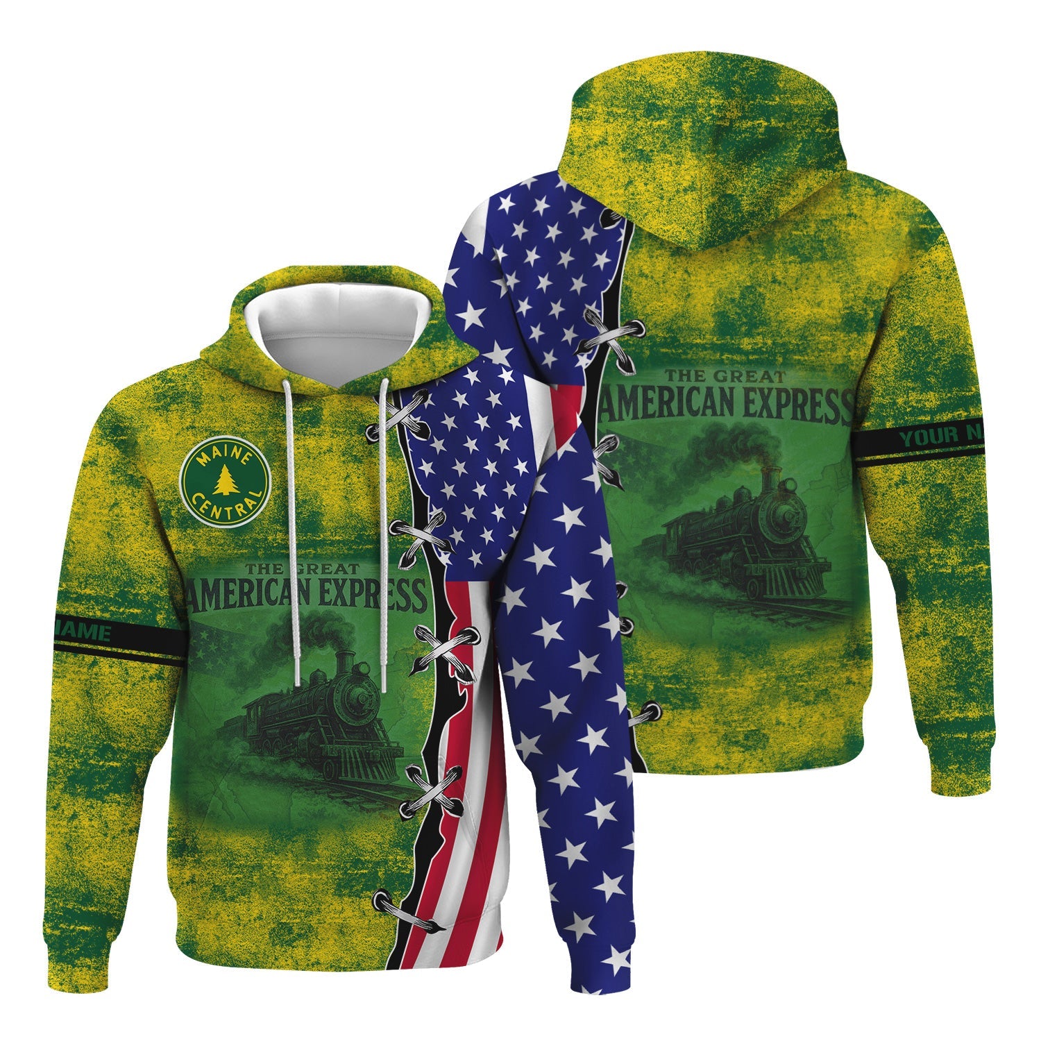 Railspirit Personalized Maine Central Railroad Hoodie Retro American Express Train With USA Flag Zip Up Hoodie