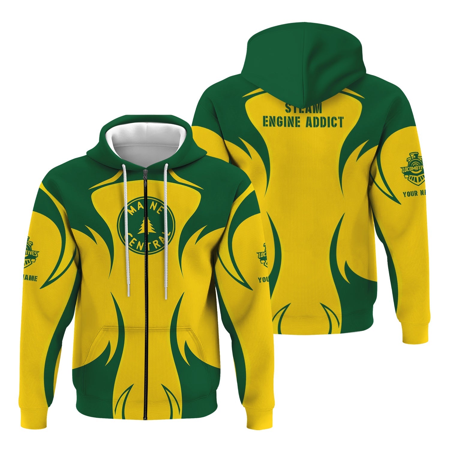 Railspirit Personalized Maine Central Railroad Hoodie Distinctive Flame Style Zip Up Hoodie For Steam Engine Addict