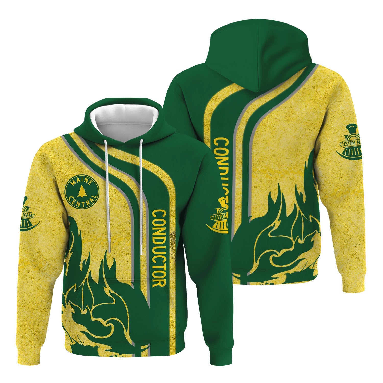 Railspirit Personalized Maine Central Railroad Hoodie Flame Design with Custom Job Position Train Zip Up Hoodie