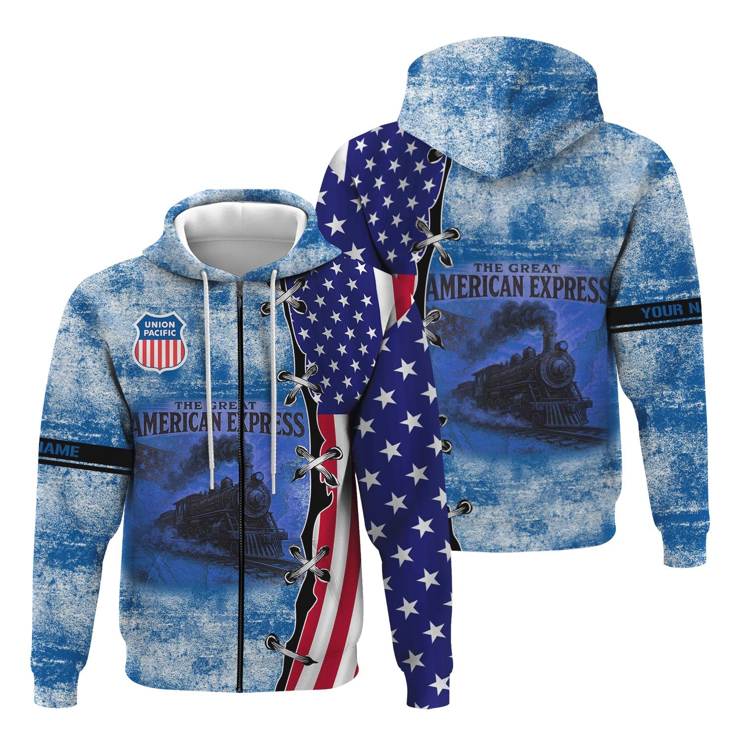 Railspirit Personalized Union Pacific Railroad Hoodie Retro American Express Train With USA Flag Big Boy Zip Up Hoodie