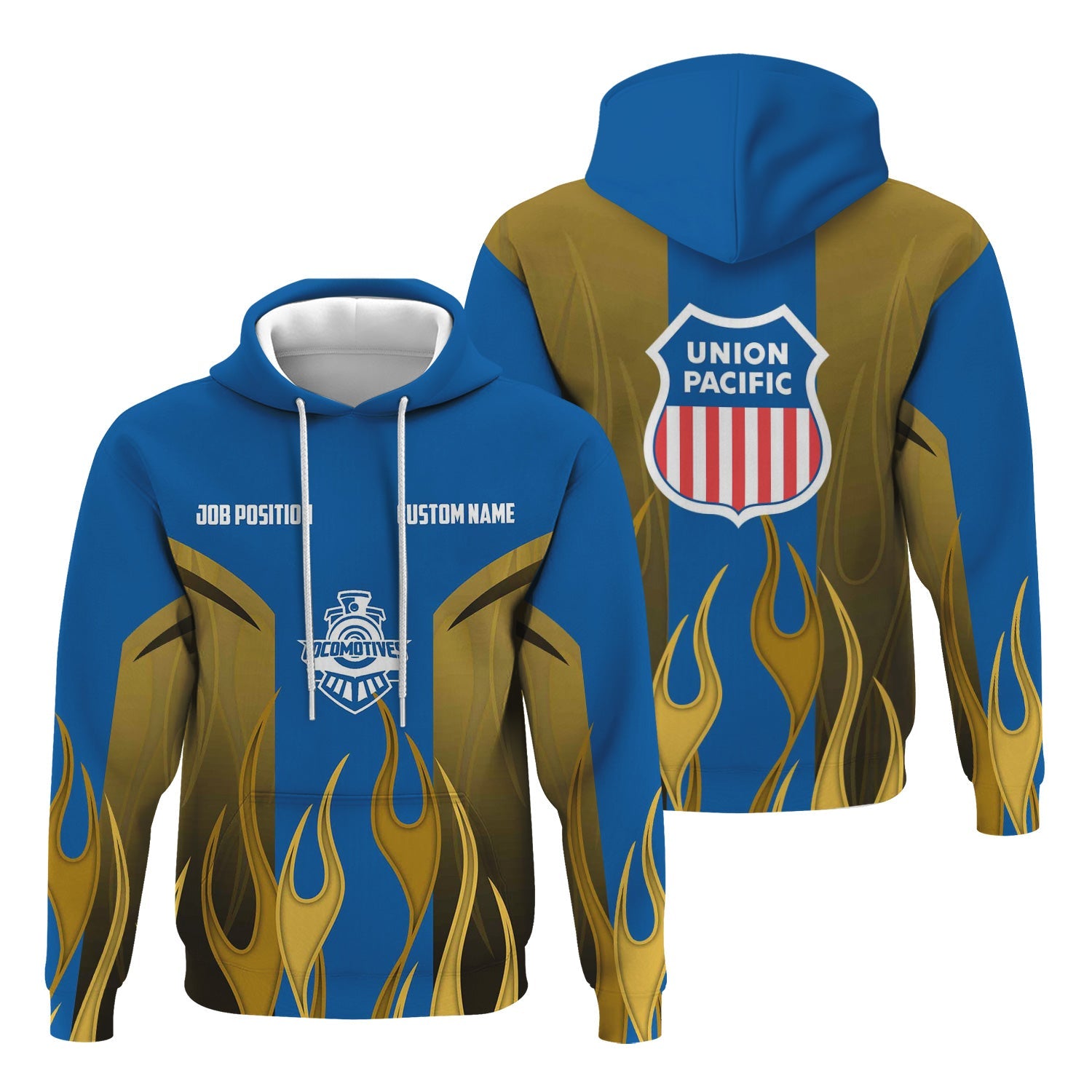 Railspirit Custom Name and Job Title Union Pacific Railroad Hoodie Flame Graphic Big Boy Train Zip Up Hoodie 
