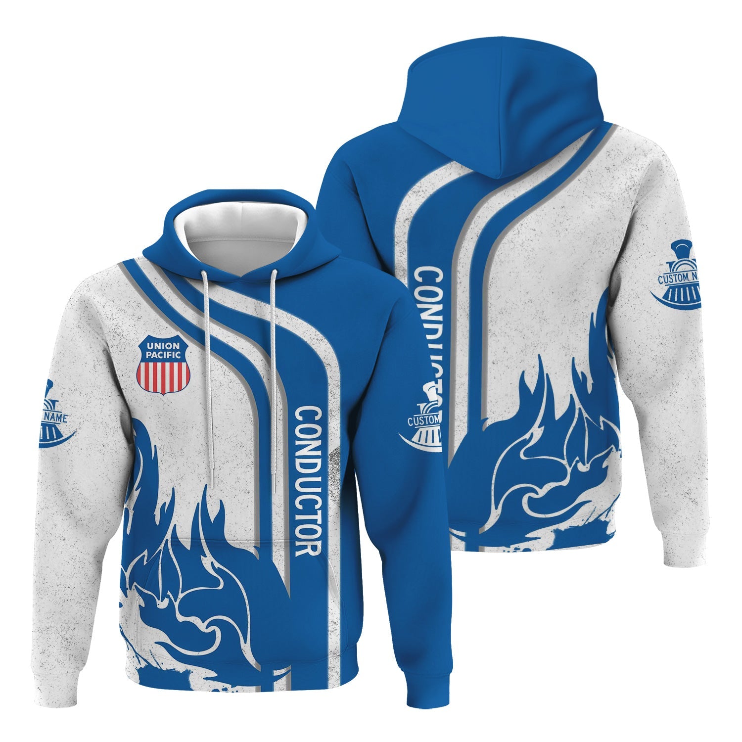 Railspirit Personalized Union Pacific Railroad Hoodie Flame Design with Custom Job Position Big Boy Train Zip Up Hoodie