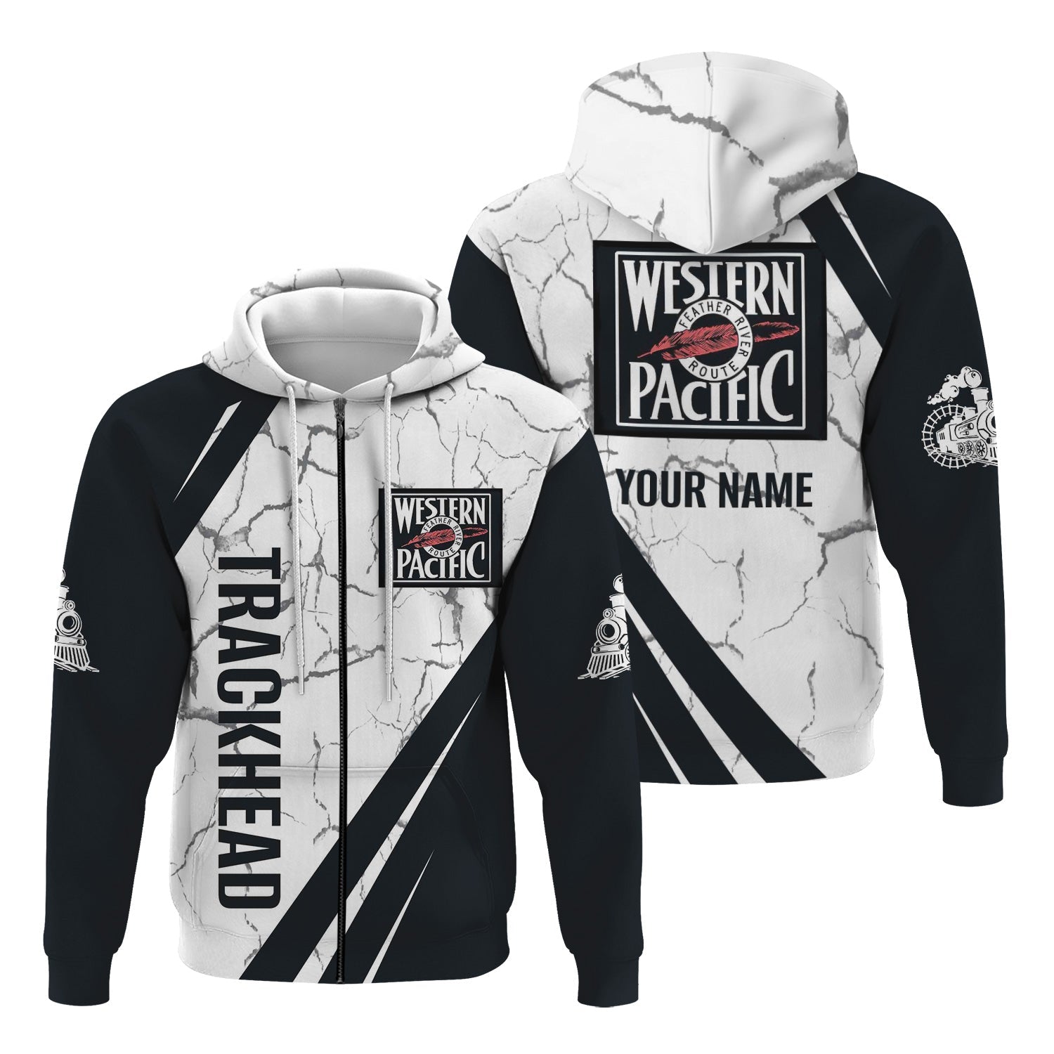 Railspirit Personalized Western Pacific Railroad Hoodie Crackle Texture Style Train Zip Up Hoodie For Trackhead