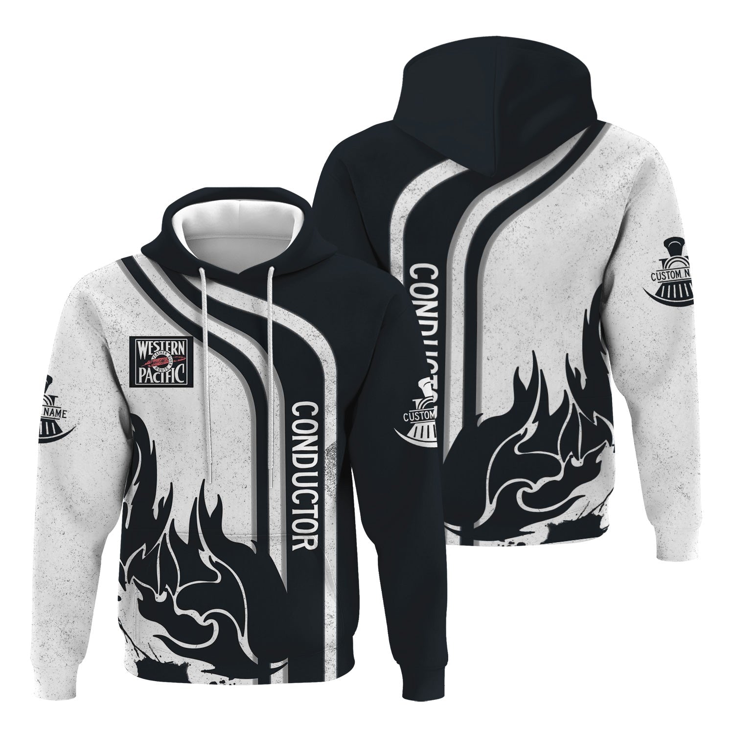 Railspirit Personalized Western Pacific Railroad Hoodie Flame Design with Custom Job Position Train Zip Up Hoodie