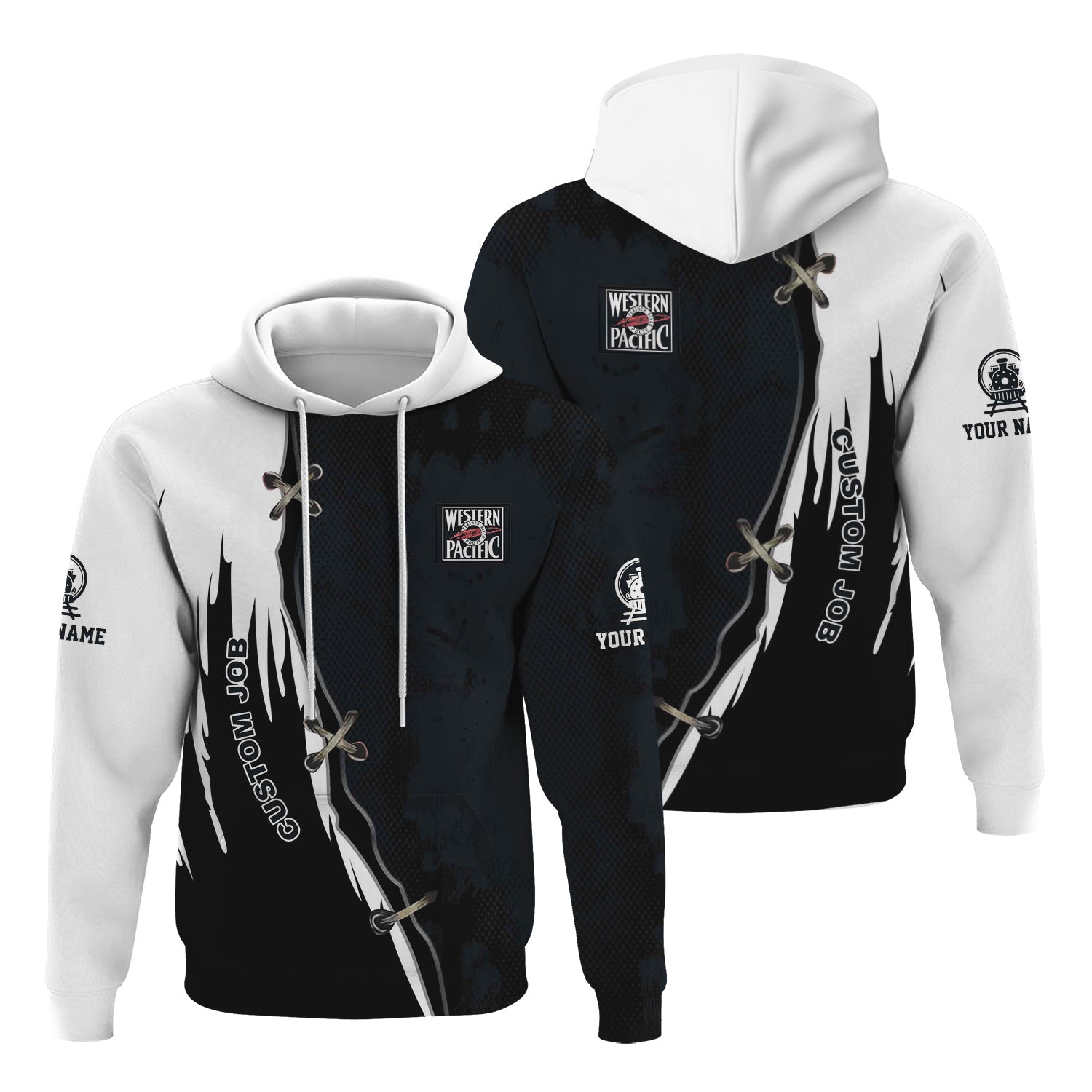 Railspirit Personalized Western Pacific Railroad Hoodie Retro Stitches Design with Custom Position Train Zip Up Hoodie