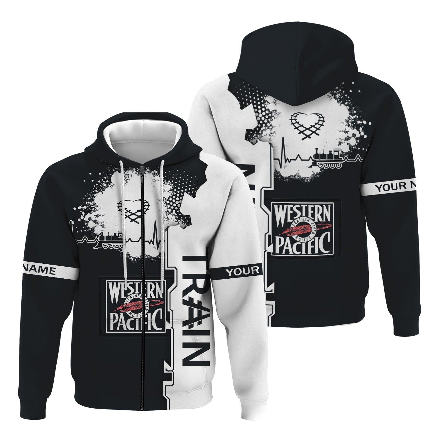 Railspirit Personalized Western Pacific Railroad Hoodie Engine Heartbeat and Track Love Style Zip Up Hoodie Gift Idea For Train Lovers