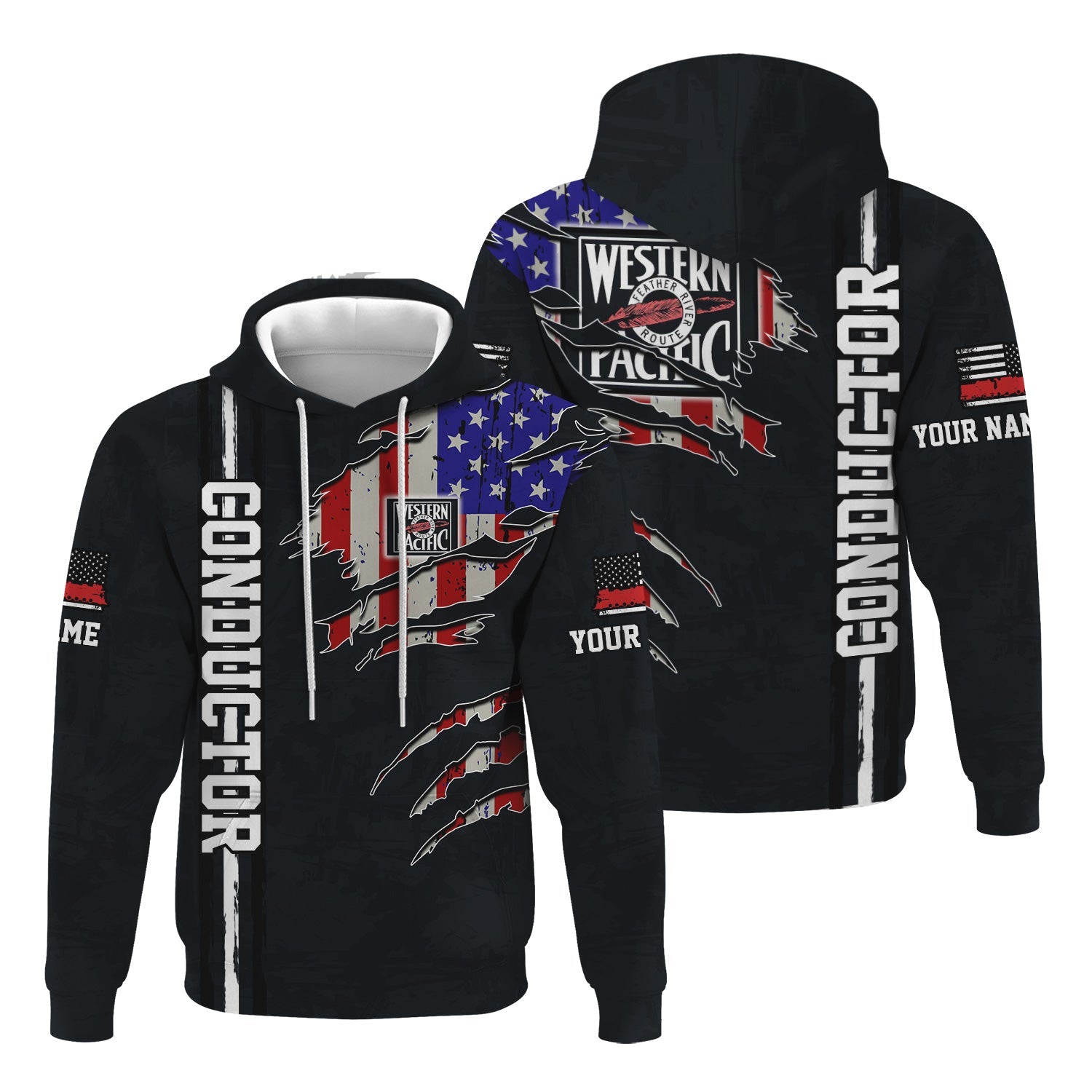 Railspirit Personalized Western Pacific Railroad Hoodie USA Flag Claw Art with Custom Job Train Zip Up Hoodie
