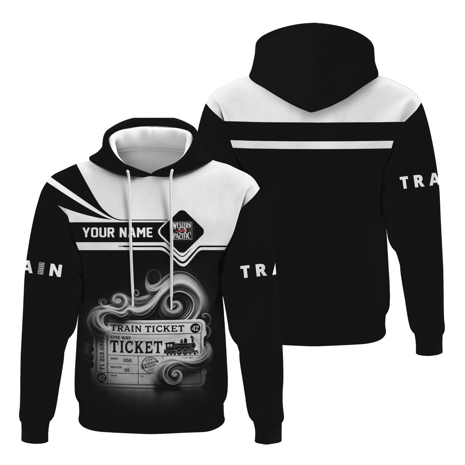 Railspirit Custom Name Western Pacific Railroad Hoodie American Train Ticket Printed Zip Hoodie