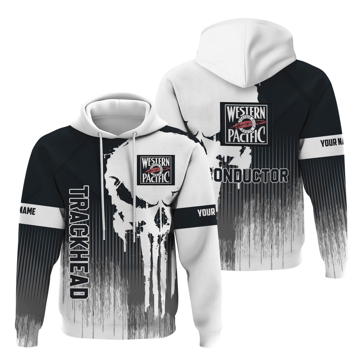 Railspirit Personalized Western Pacific Railroad Hoodie Skull Design with Custom Job Train Zip Up Hoodie for Trackhead Crew