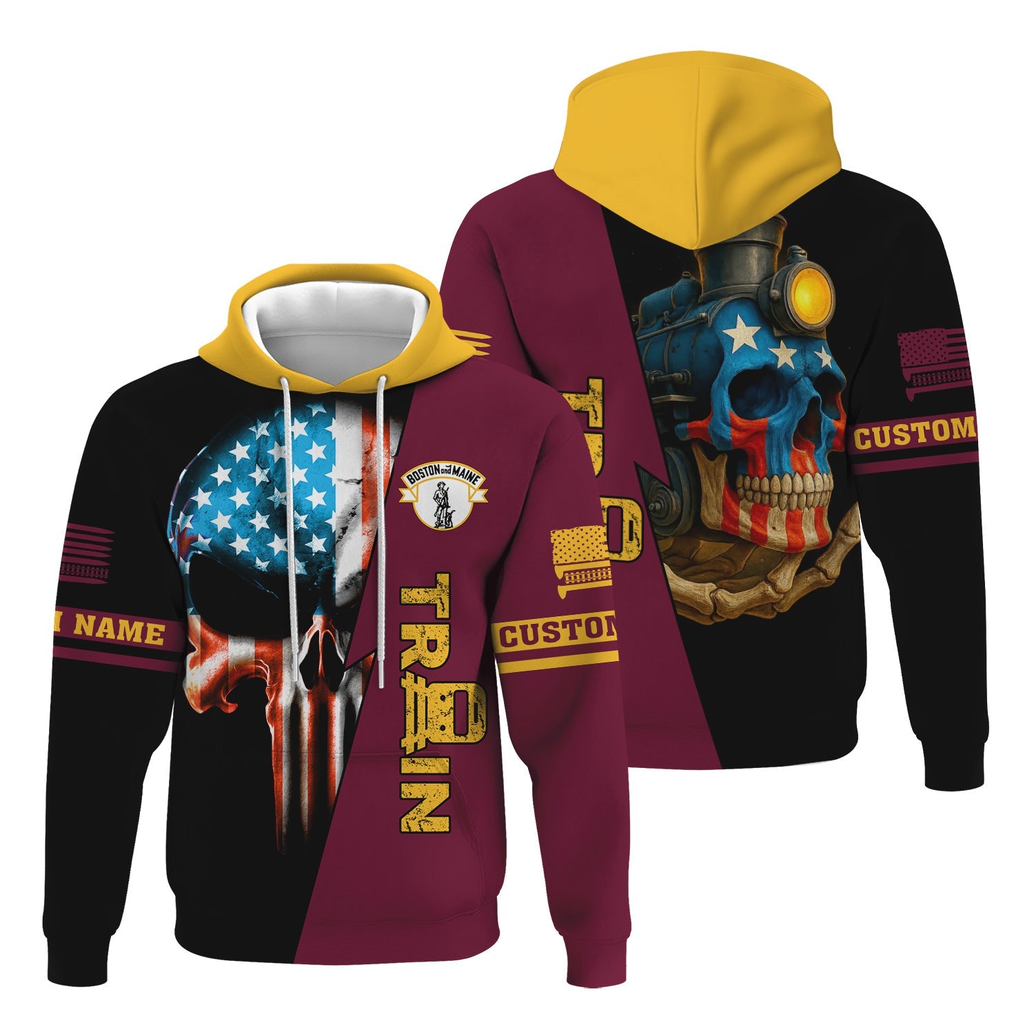 Railspirit Personalized Boston and Maine Railroad Hoodie Train Skull American Flag Zip Up Hoodie All Over Print