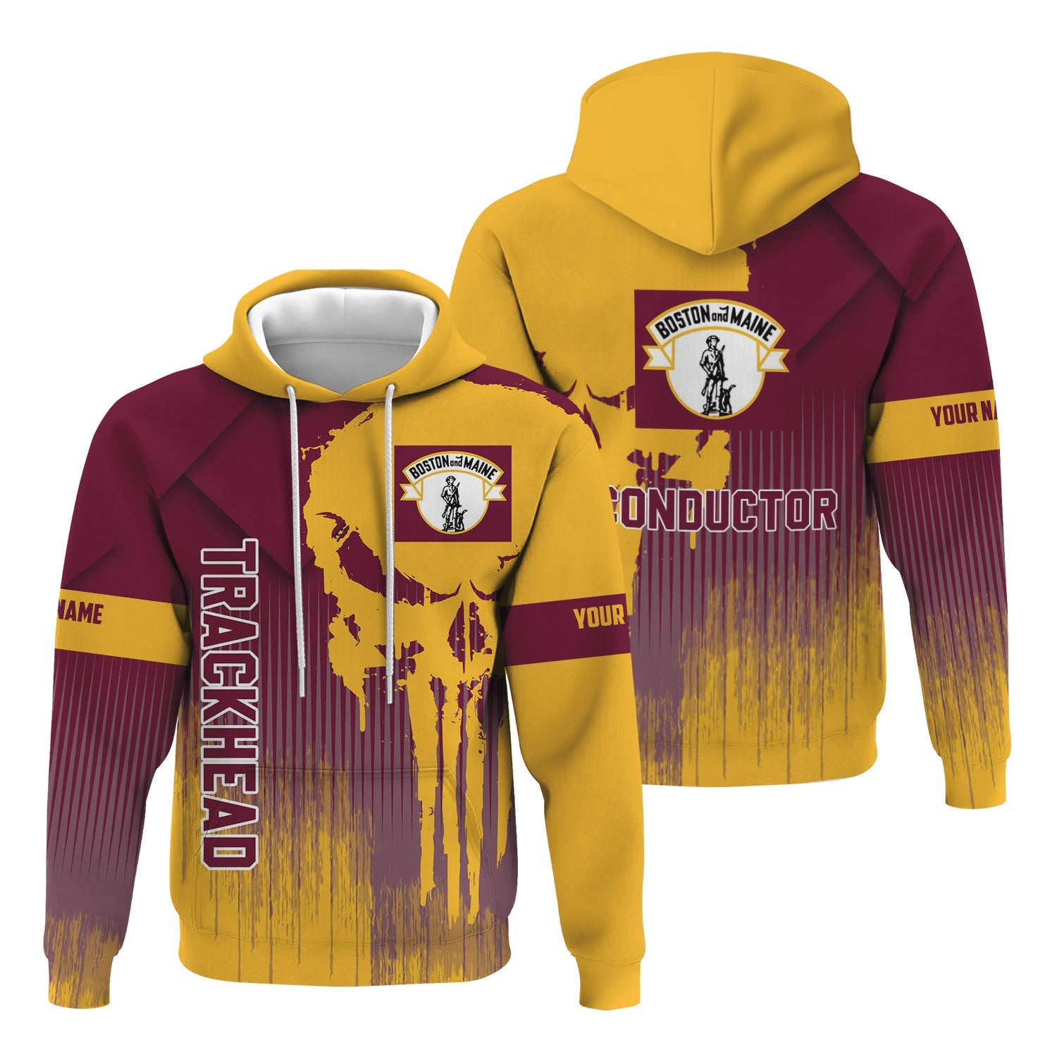 Railspirit Personalized Boston and Maine Railroad Hoodie Skull Design with Custom Job Train Zip Up Hoodie for Trackhead Crew