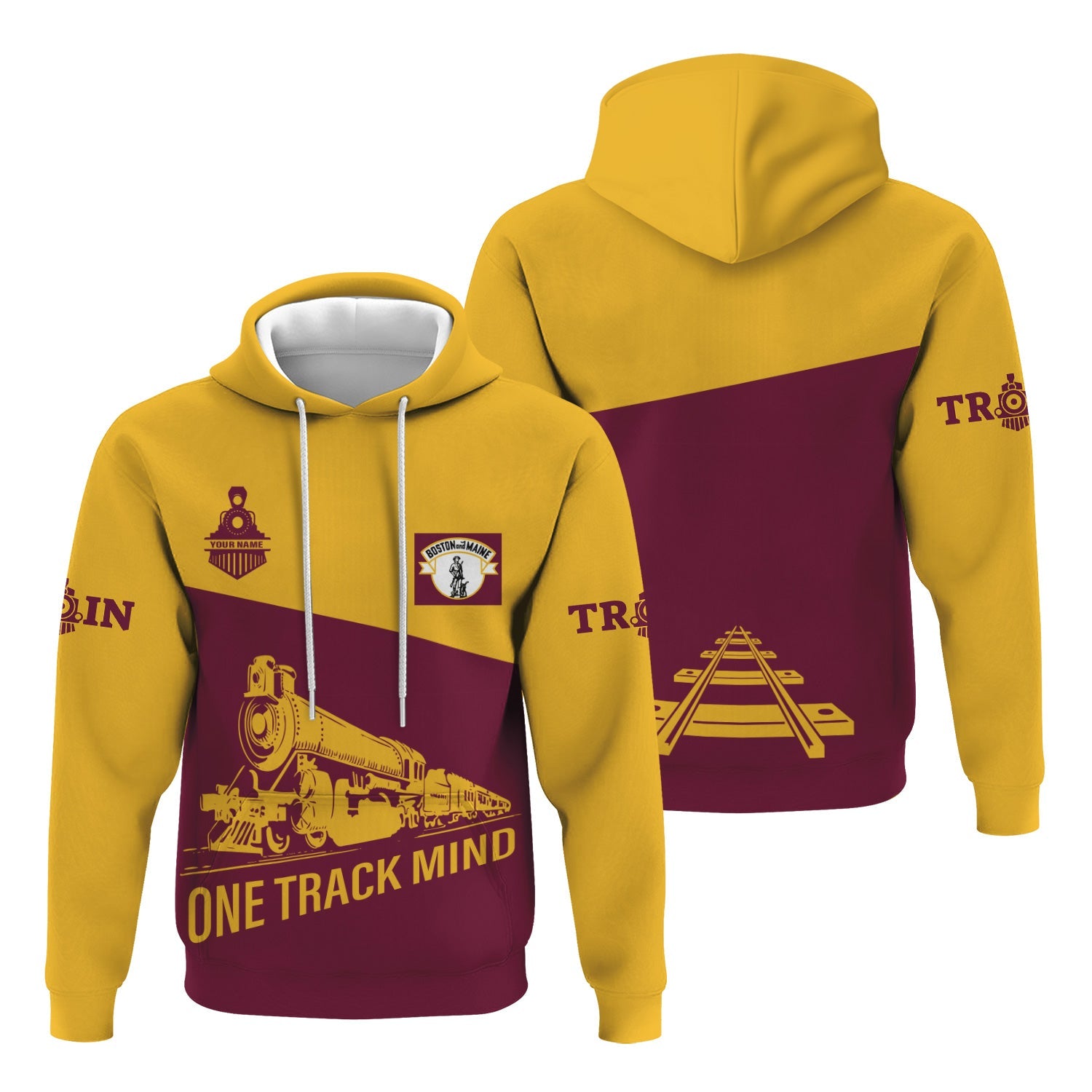 Railspirit Custom Name Boston and Maine Railroad Hoodie One Track Mind Printed Zip Hoodie