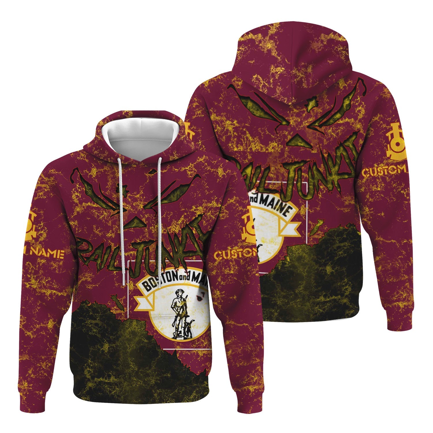 Railspirit Personalized Boston and Maine Railroad Hoodie Torn Graphic Style Train Zip Up Hoodie For Rail Junkie