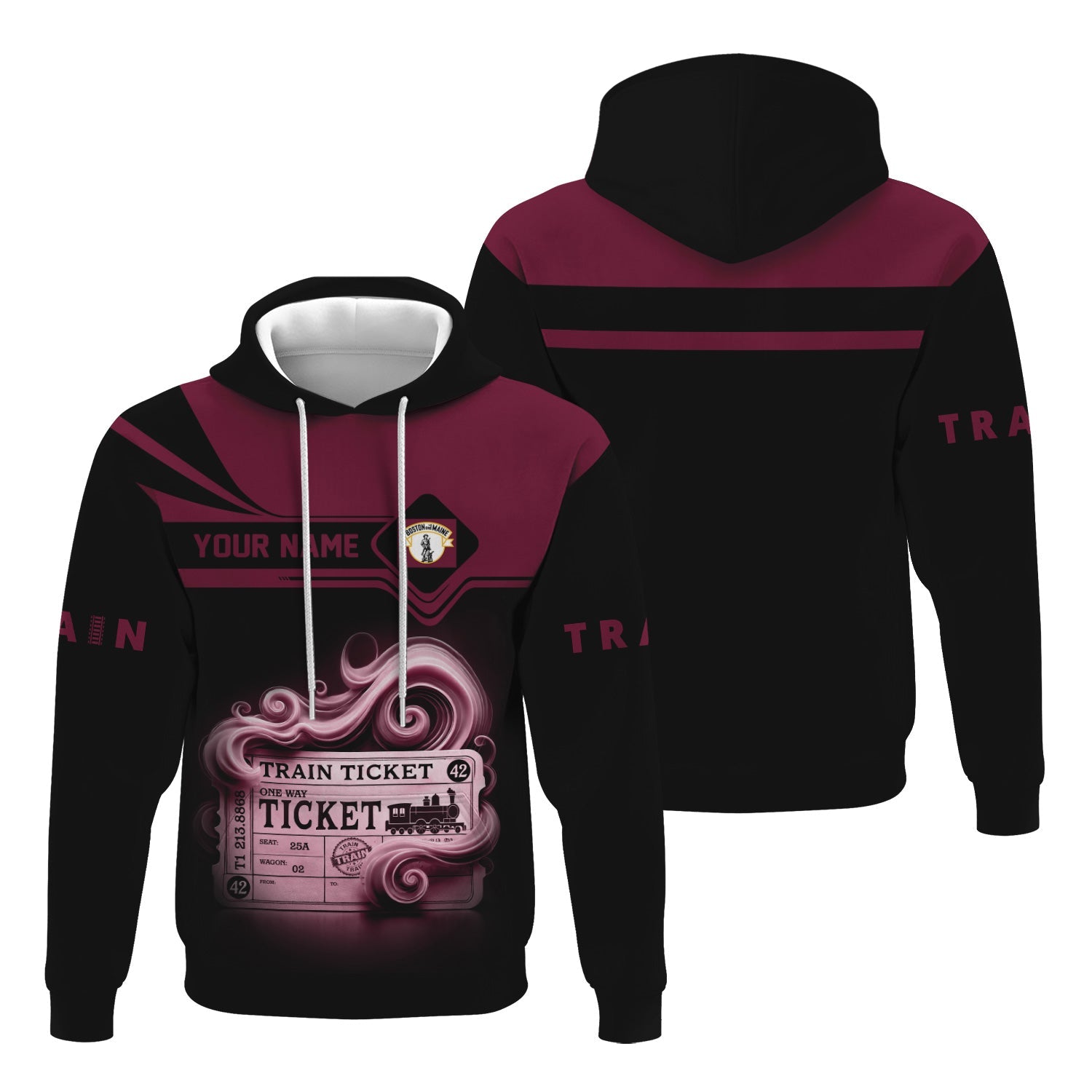 Railspirit Custom Name Boston and Maine Railroad Hoodie American Train Ticket Printed Zip Hoodie