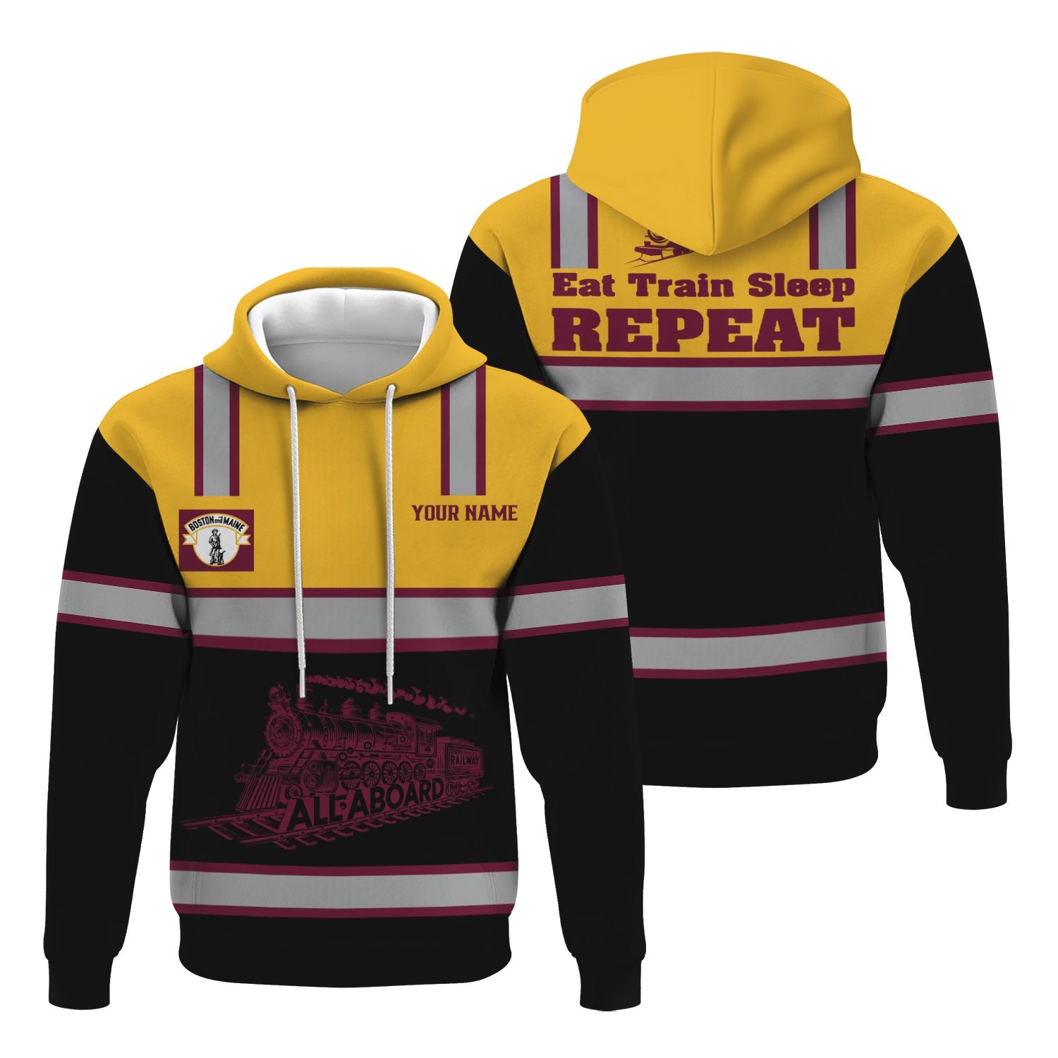 Railspirit Custom Name Boston and Maine Railroad Hoodie Eat Train Sleep Repeat Printed Train Zip Hoodie