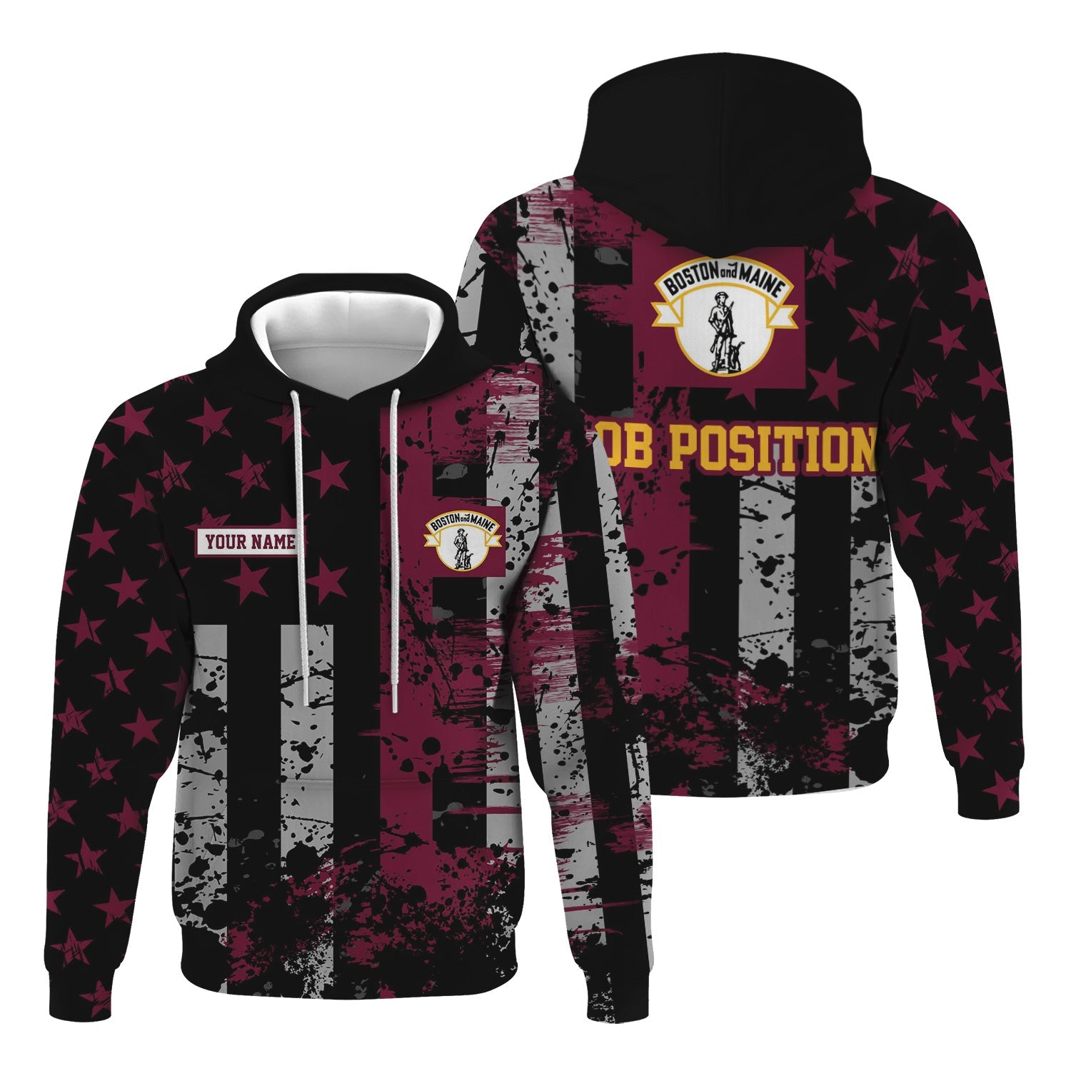 Railspirit Personalized Boston and Maine Railroad Hoodie Artistic Paint American Flag Style Train Zip Up Hoodie