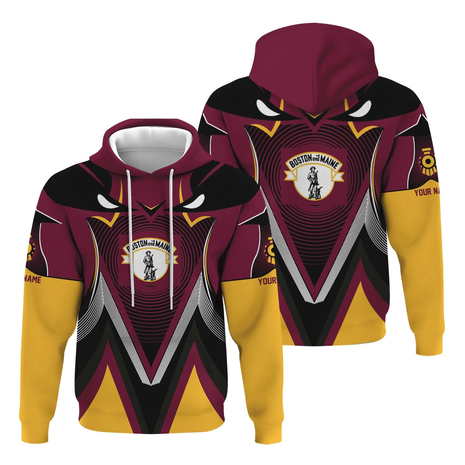 Railspirit Personalized Boston and Maine Railroad Hoodie Vibrant Graphic Pattern Zip Up Hoodie For Train Enthusiasts