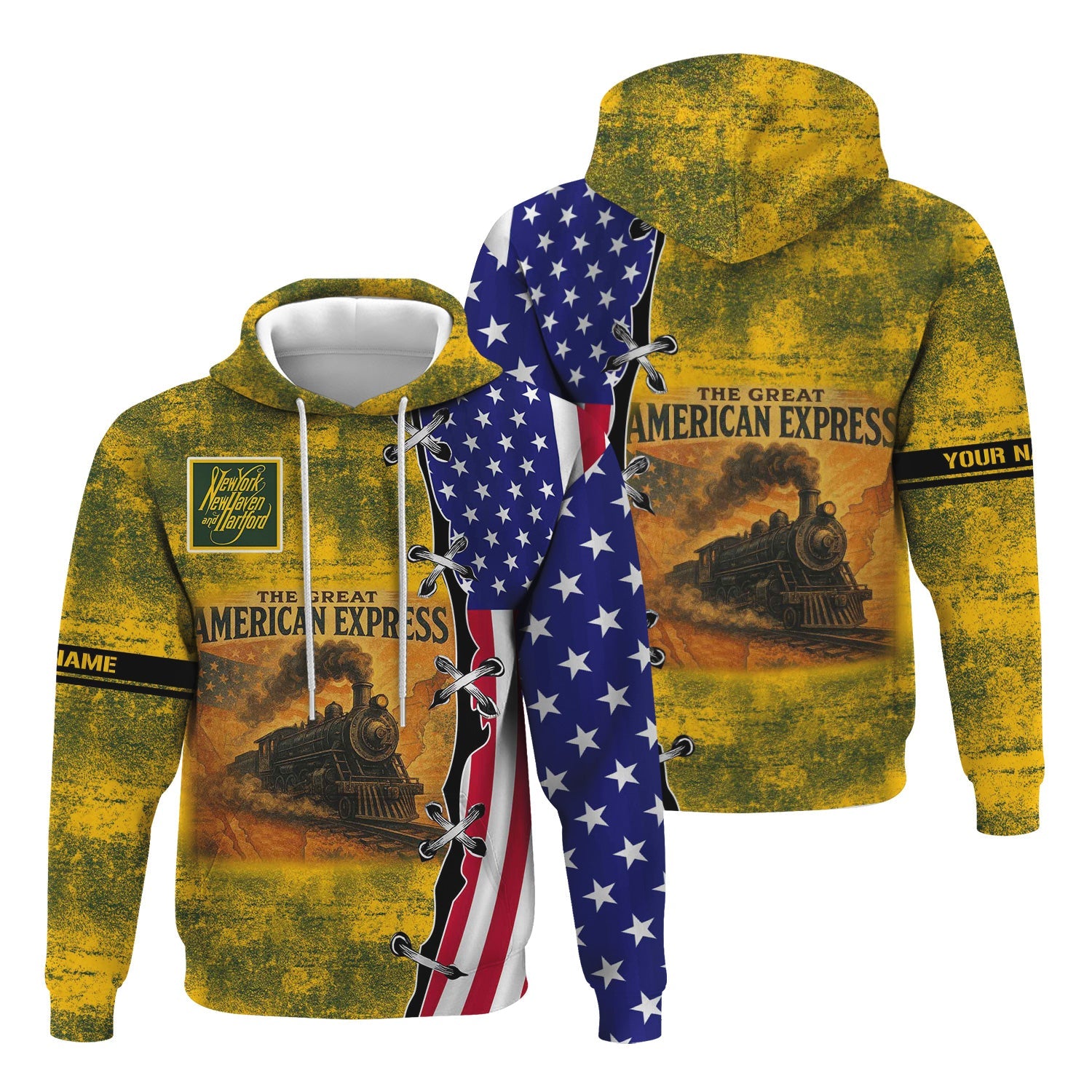 Railspirit Personalized New York, New Haven and Hartford Railroad Hoodie Retro American Express Train With USA Flag New Haven Railroad Zip Up Hoodie