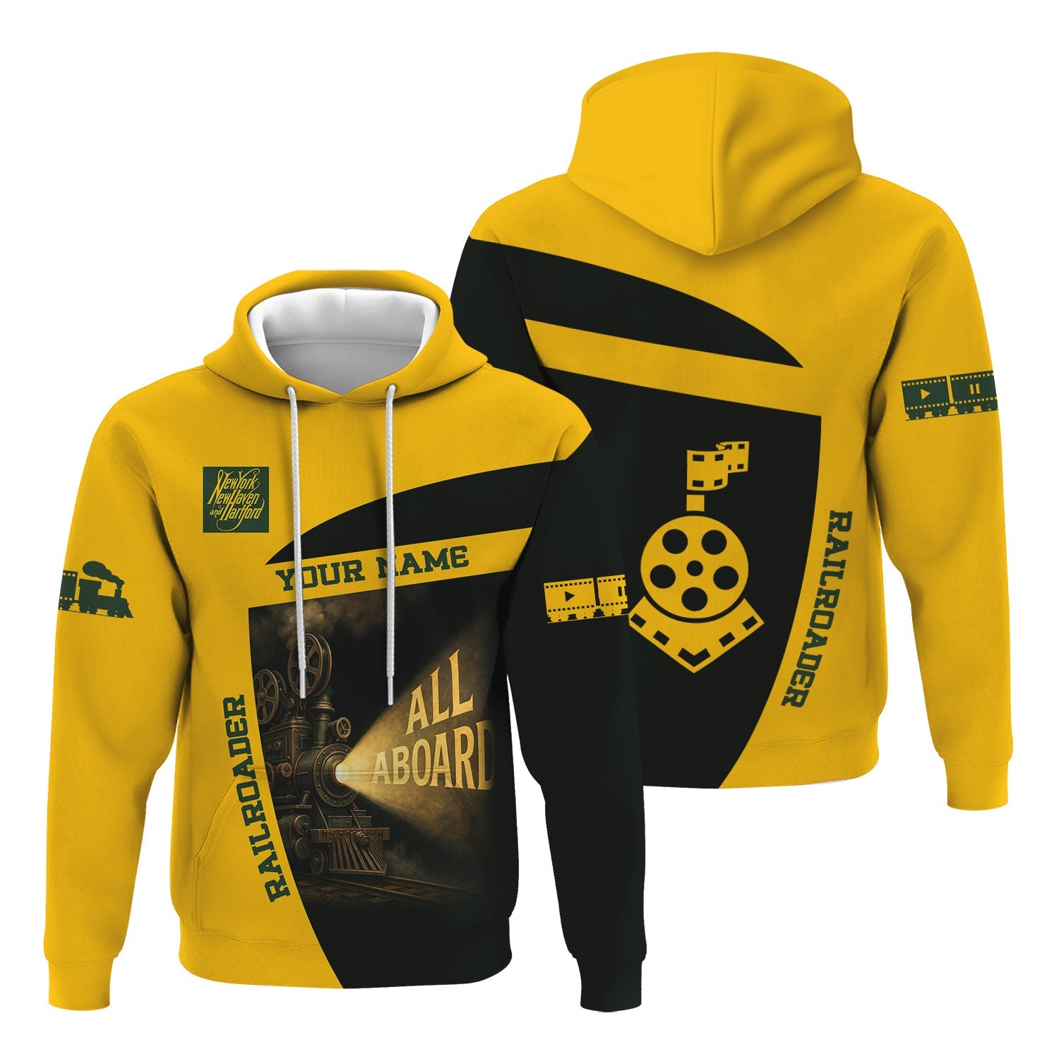 Railspirit Personalized New York, New Haven and Hartford Railroad Hoodie All Aboard Steam Train Movie Projector Style New Haven Railroad Zip Up Hoodie