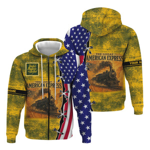 Railspirit Personalized New York, New Haven and Hartford Railroad Hoodie Retro American Express Train With USA Flag New Haven Railroad Zip Up Hoodie