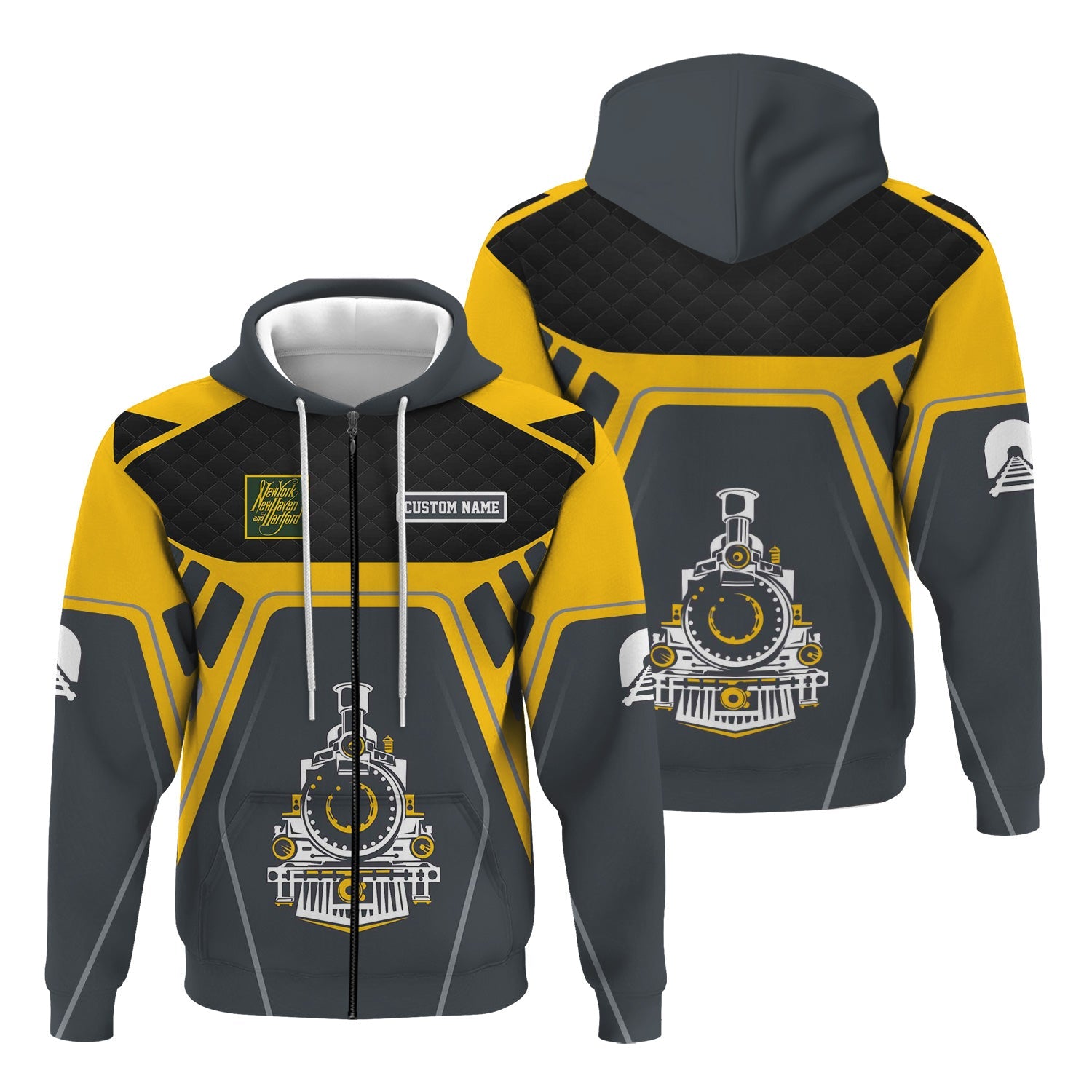 Railspirit Personalized New York, New Haven and Hartford Railroad Hoodie Steam Locomotive Engine Graphic New Haven Railroad Train Zip Up Hoodie