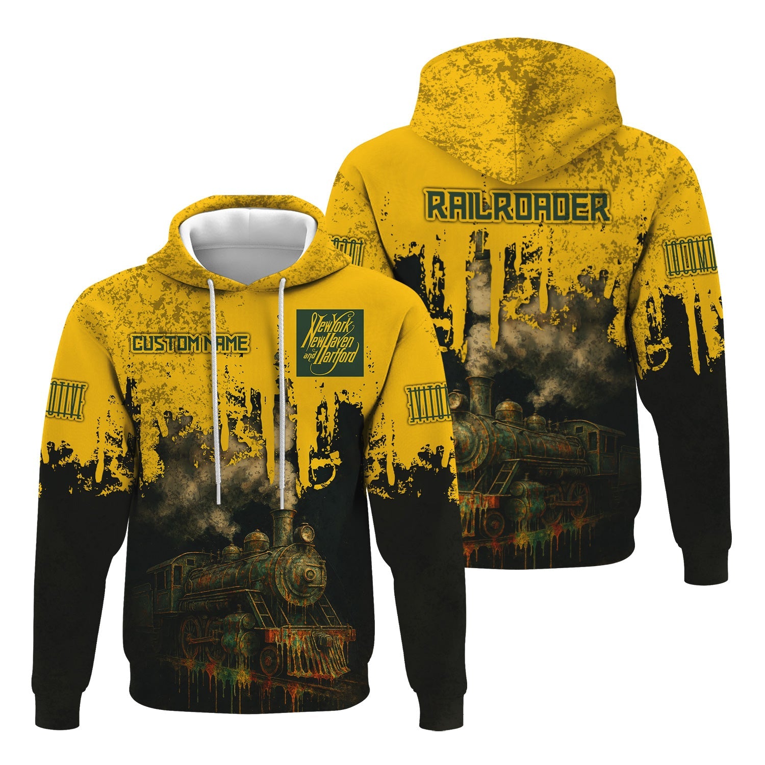 Railspirit Personalized New York, New Haven and Hartford Railroad Hoodie Vintage Train Art Style New Haven Railroad Zip Up Hoodie For Locomotive Fans