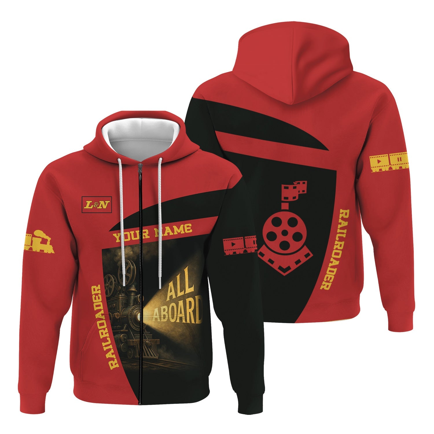 Railspirit Personalized Louisville and Nashville Railroad Hoodie All Aboard Steam Train Movie Projector Style L&N Zip Up Hoodie