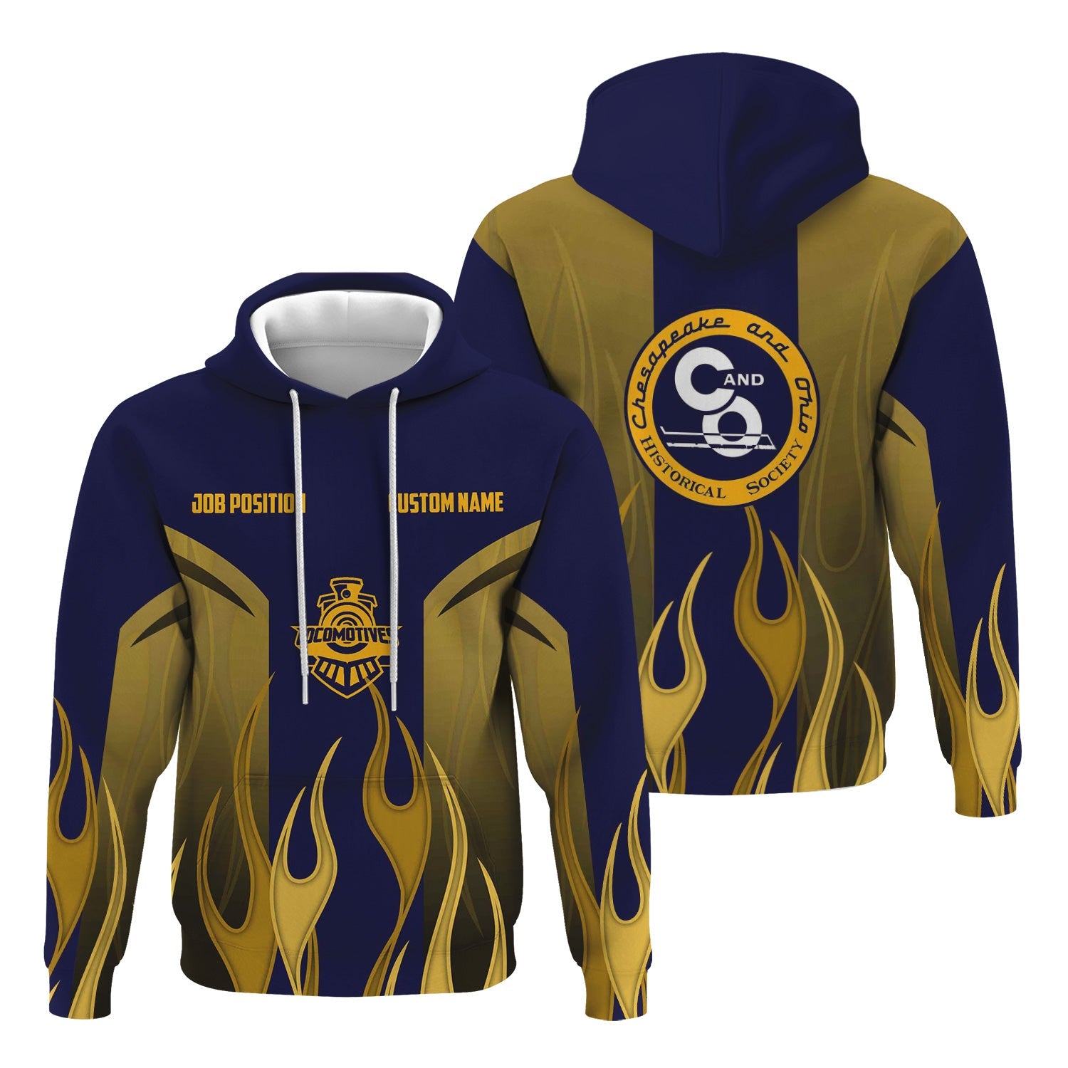 Railspirit Custom Name and Job Title Chesapeake and Ohio Railway Hoodie Flame Graphic C&O Train Zip Up Hoodie 
