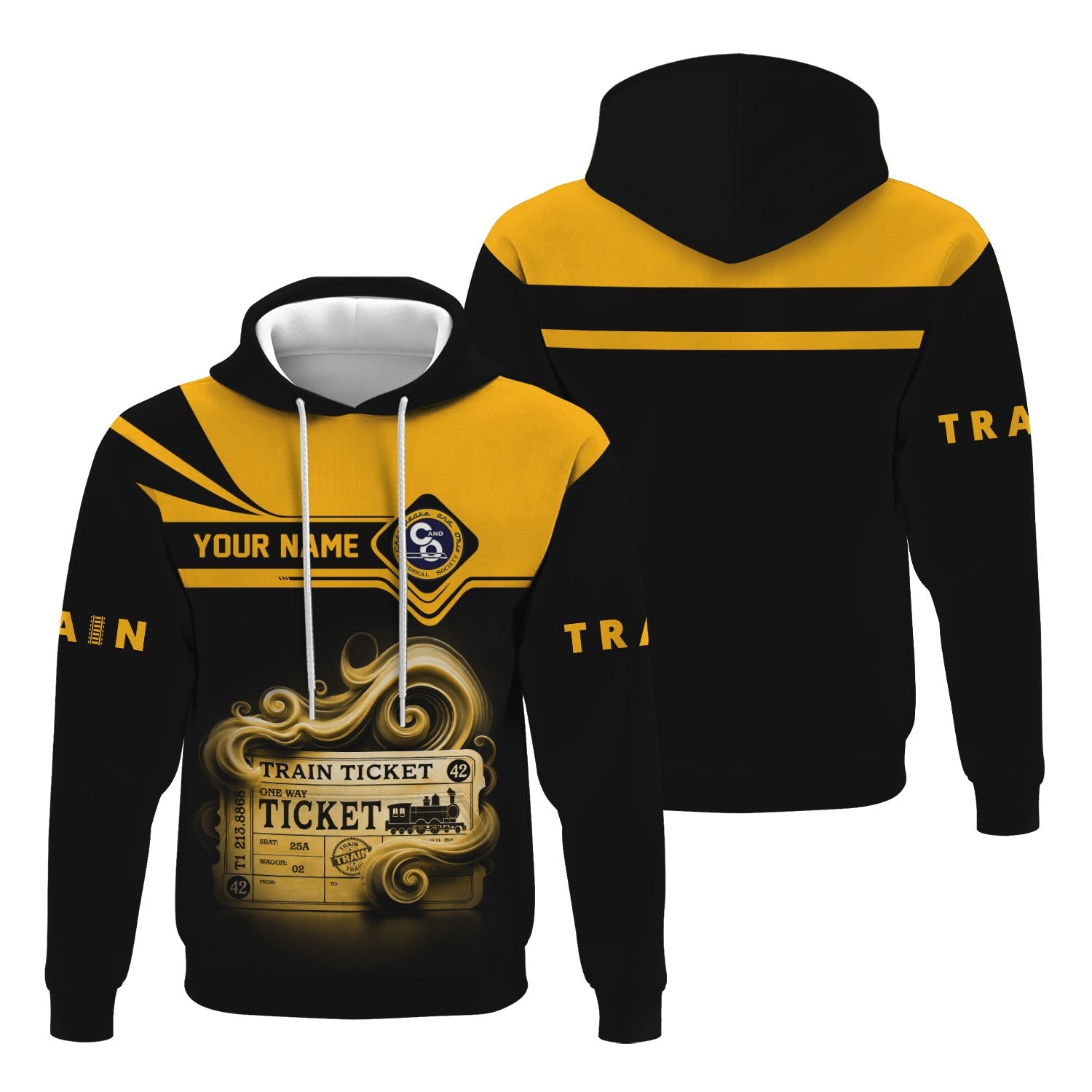 Railspirit Custom Name Chesapeake and Ohio Railway Hoodie American Train Ticket C&O Printed Zip Hoodie
