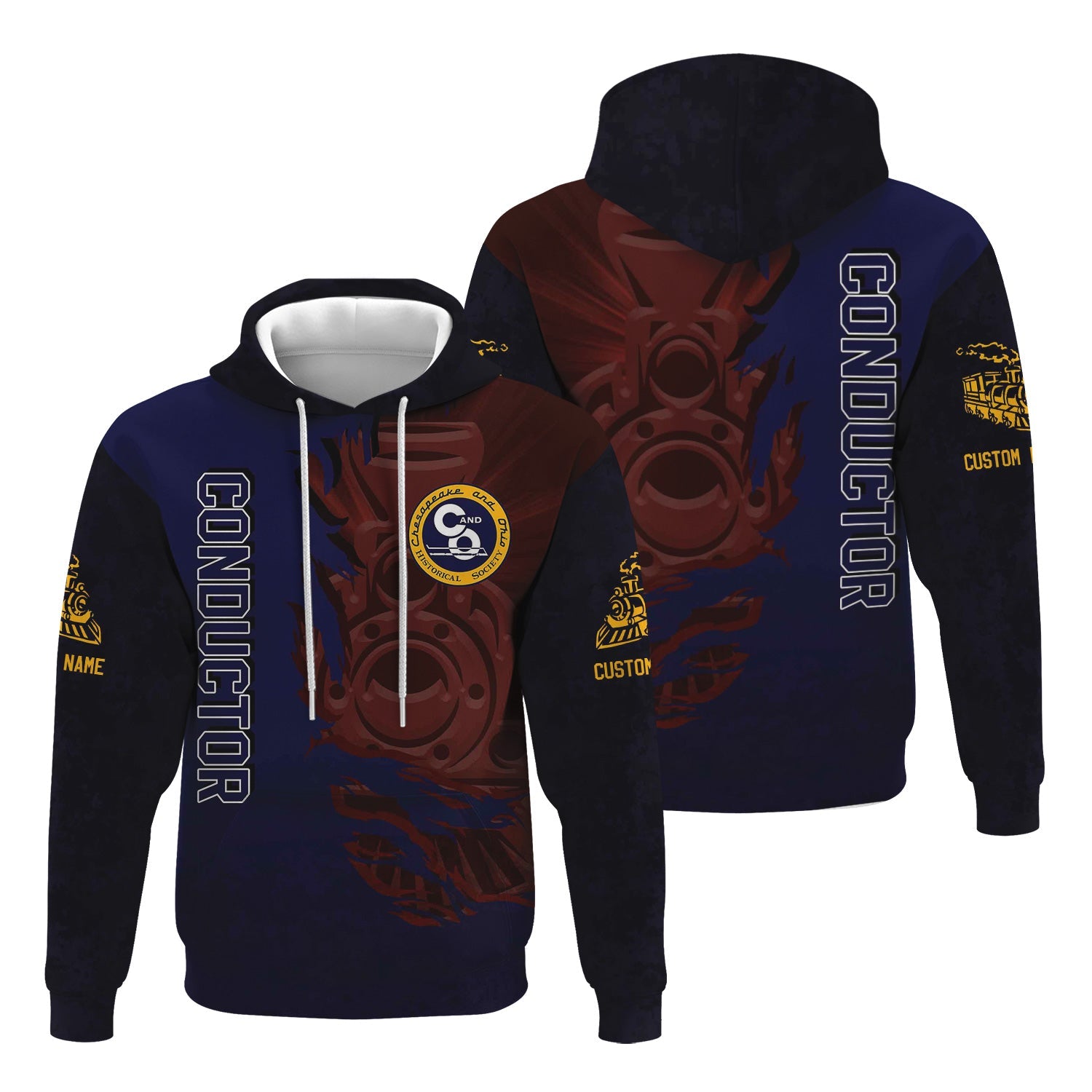 Railspirit Personalized Chesapeake and Ohio Railway Hoodie Blazing Style with Custom Position C&O Train Zip Up Hoodie