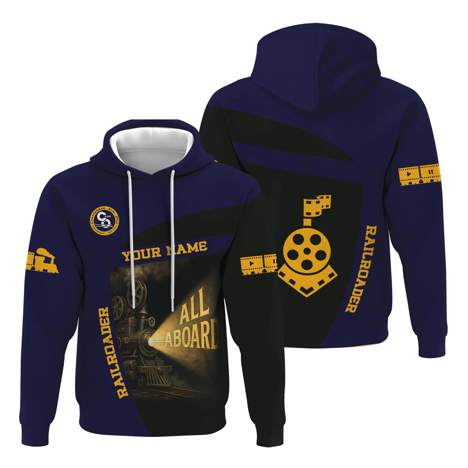 Railspirit Personalized Chesapeake and Ohio Railway Hoodie All Aboard Steam Train Movie Projector Style C&O Zip Up Hoodie