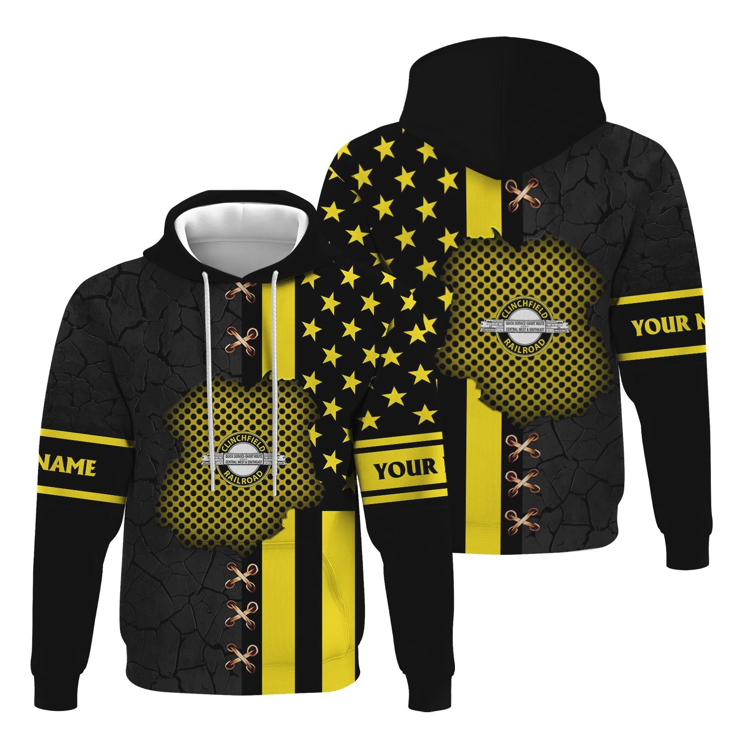 Railspirit Personalized Clinchfield Railroad Hoodie American Flag with Crack Effect Train Zip Up Hoodie