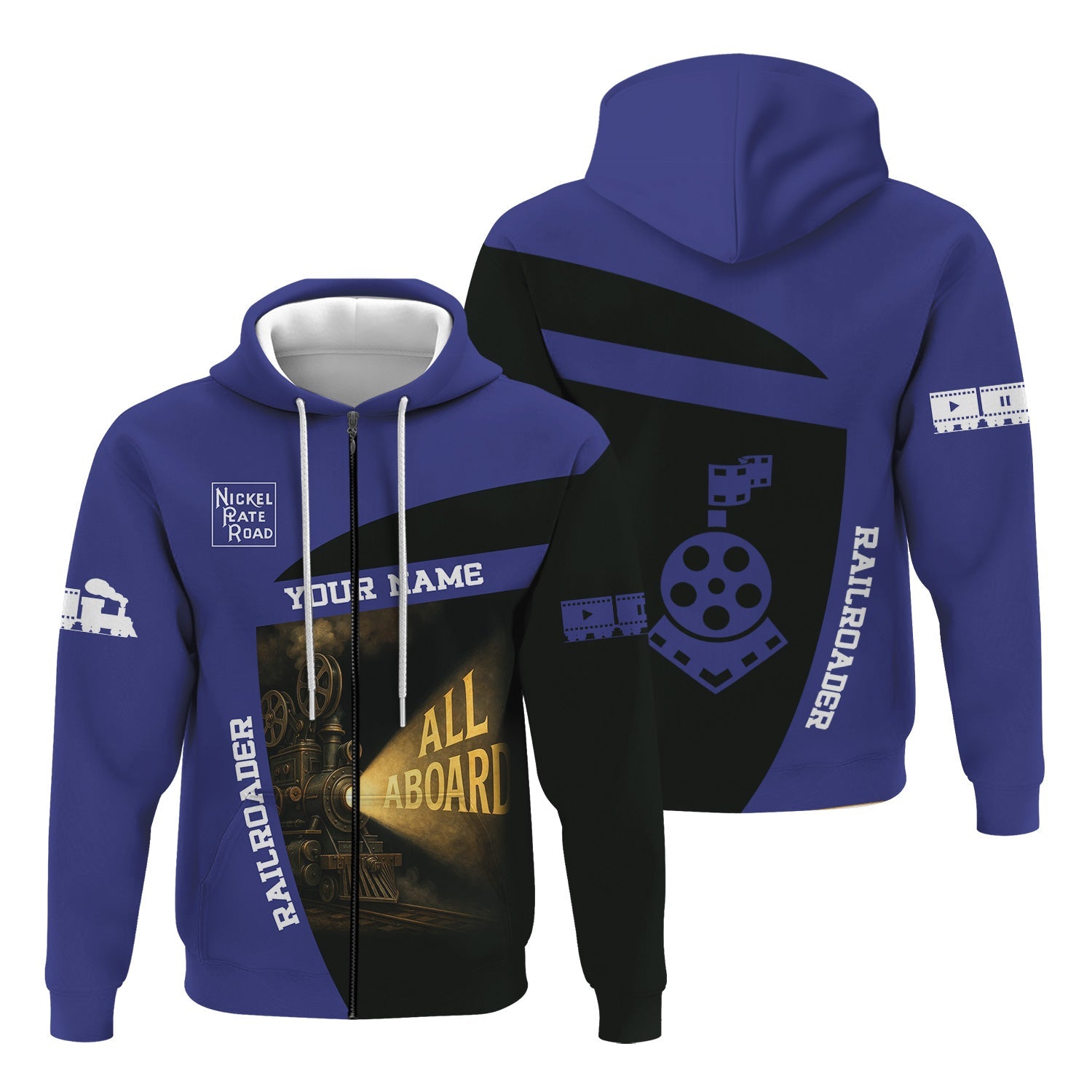 Railspirit Personalized New York, Chicago and St. Louis Railroad Hoodie All Aboard Steam Train Movie Projector Style Nickel Plate Road Zip Up Hoodie