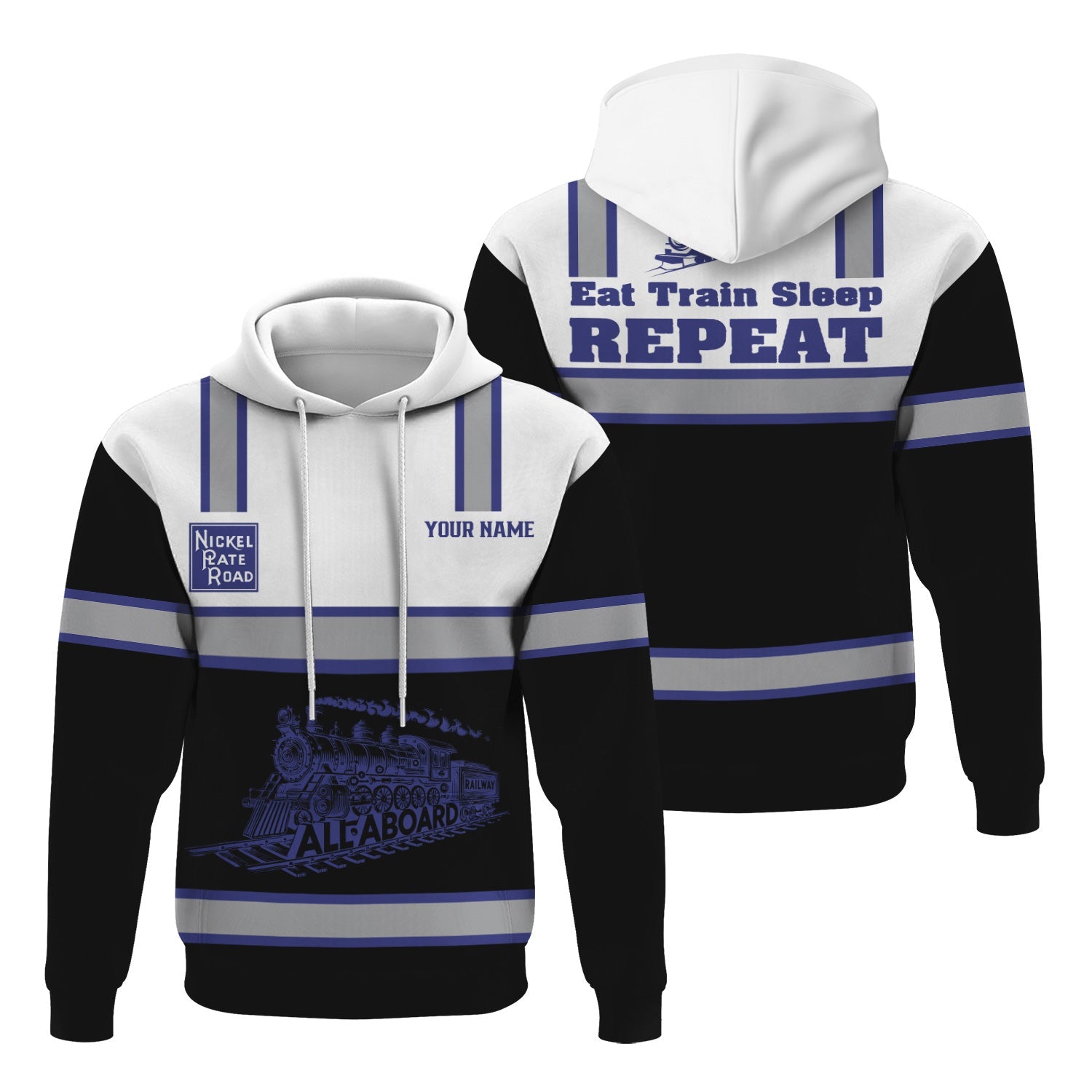 Railspirit Custom Name New York, Chicago and St. Louis Railroad Hoodie Eat Train Sleep Repeat Nickel Plate Road Printed Train Zip Hoodie