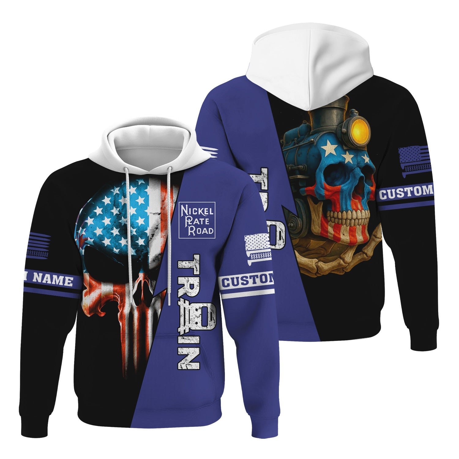 Railspirit Personalized New York, Chicago and St. Louis Railroad Hoodie Train Skull American Flag Nickel Plate Road Zip Up Hoodie