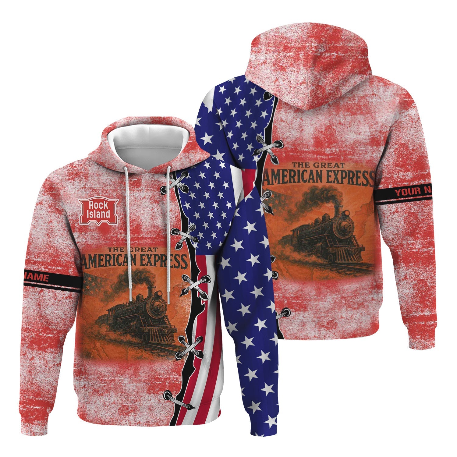 Railspirit Personalized Chicago, Rock Island and Pacific Railroad Hoodie Retro American Express Train USA Flag Rock Island Railroad Zip Up Hoodie