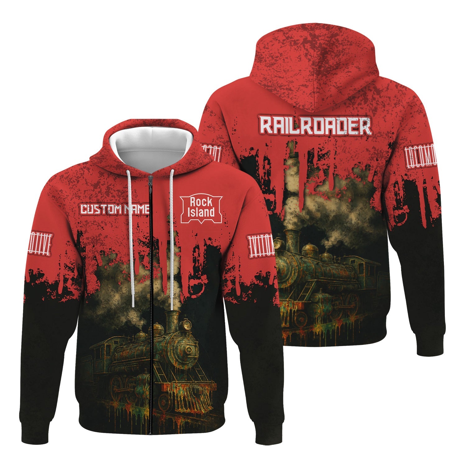 Railspirit Personalized Chicago, Rock Island and Pacific Railroad Hoodie Vintage Train Art Style Rock Island Railroad Zip Up Hoodie