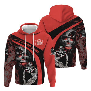 Railspirit Personalized Chicago, Rock Island and Pacific Railroad Hoodie Flame Skull Design Rock Island Railroad Train Zip Up Hoodie