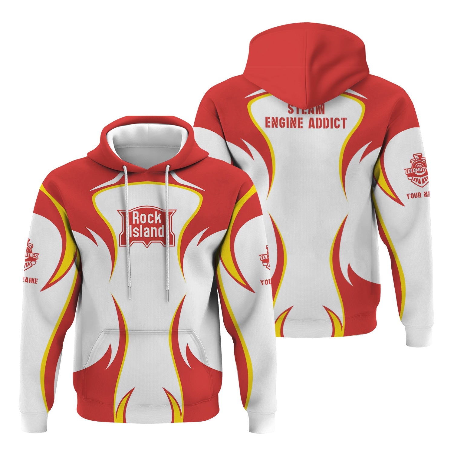 Railspirit Personalized Chicago, Rock Island and Pacific Railroad Hoodie Distinctive Flame Style Zip Up Hoodie For Steam Engine Addict