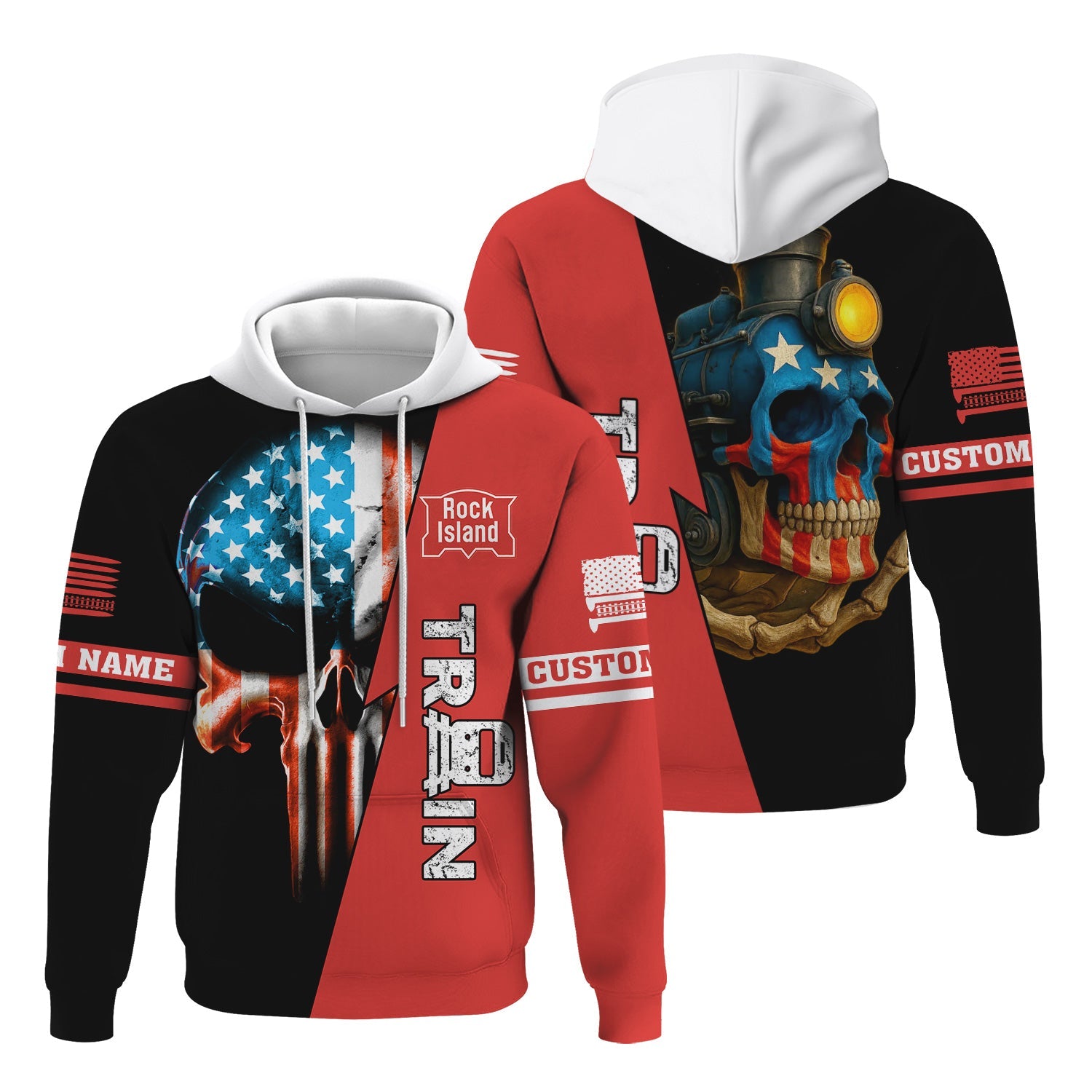 Railspirit Personalized Chicago, Rock Island and Pacific Railroad Hoodie Train Skull American Flag Rock Island Railroad Zip Up Hoodie