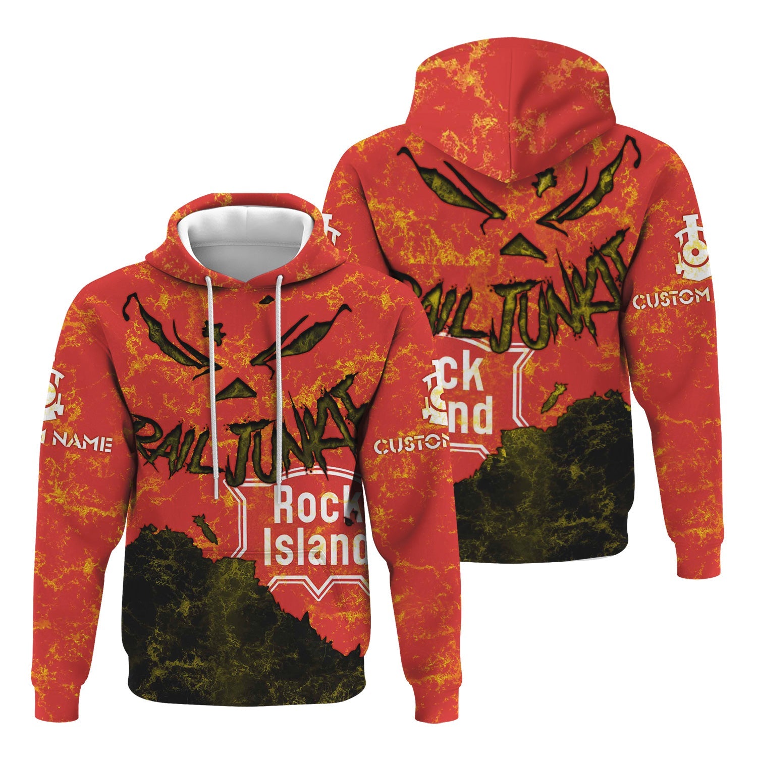 Railspirit Personalized Chicago, Rock Island and Pacific Railroad Hoodie Torn Graphic Style Rock Island Railroad Train Zip Up Hoodie For Rail Junkie