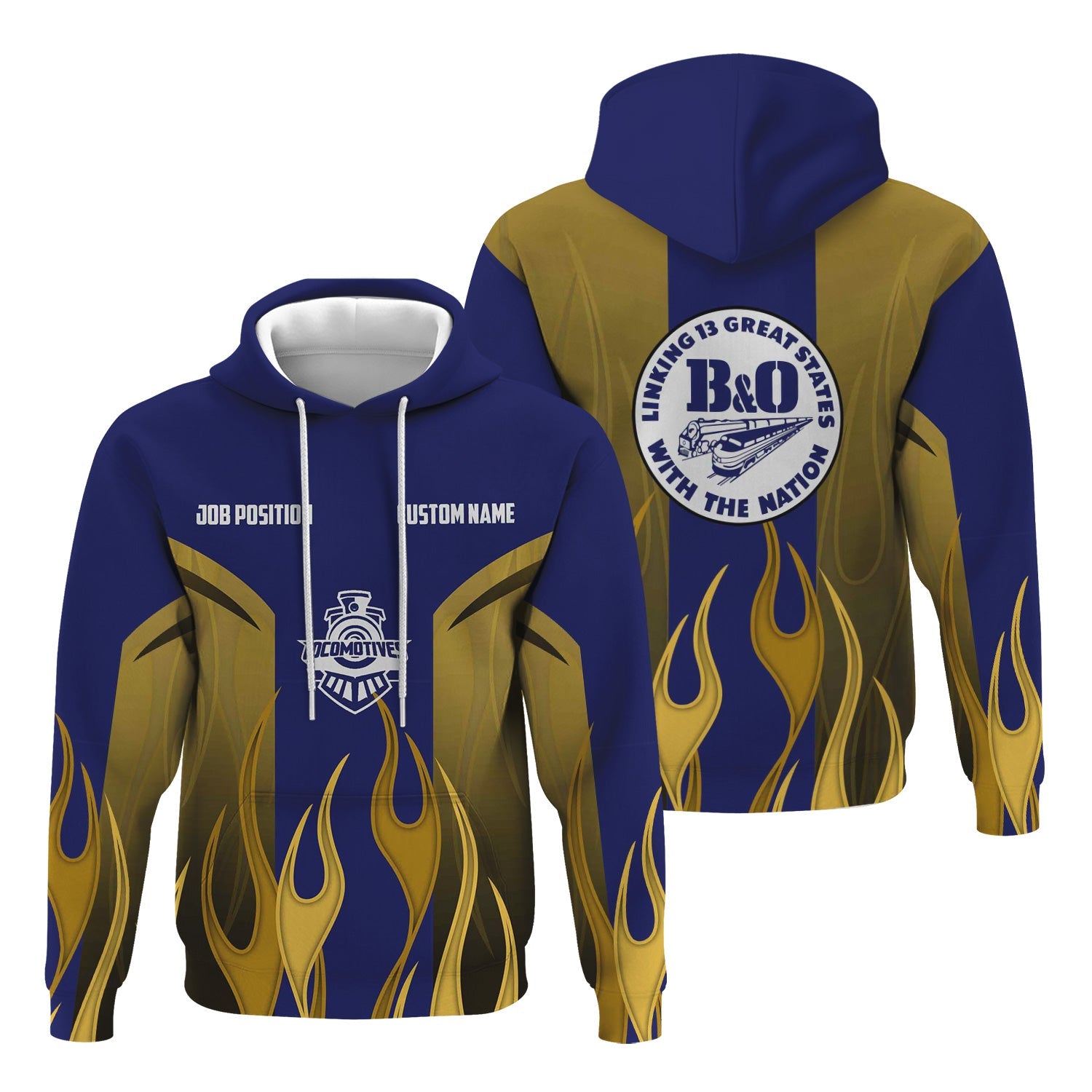 Railspirit Custom Name and Job Title B&O Great States Railroad Hoodie Flame Graphic Train Zip Up Hoodie 