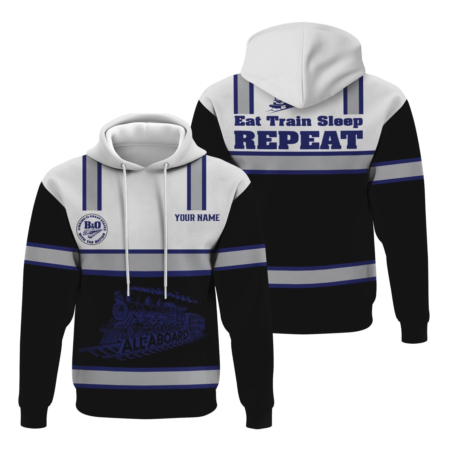 Railspirit Custom Name B&O Great States Railroad Hoodie Eat Train Sleep Repeat Printed Train Zip Hoodie
