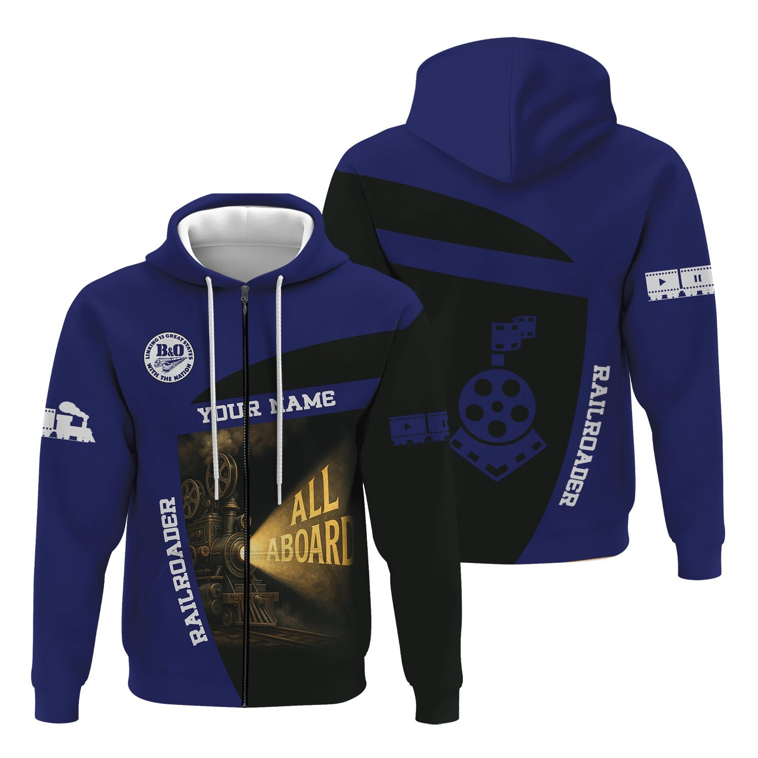 Railspirit Personalized B&O Great States Railroad Hoodie All Aboard Steam Train Movie Projector Style Zip Up Hoodie