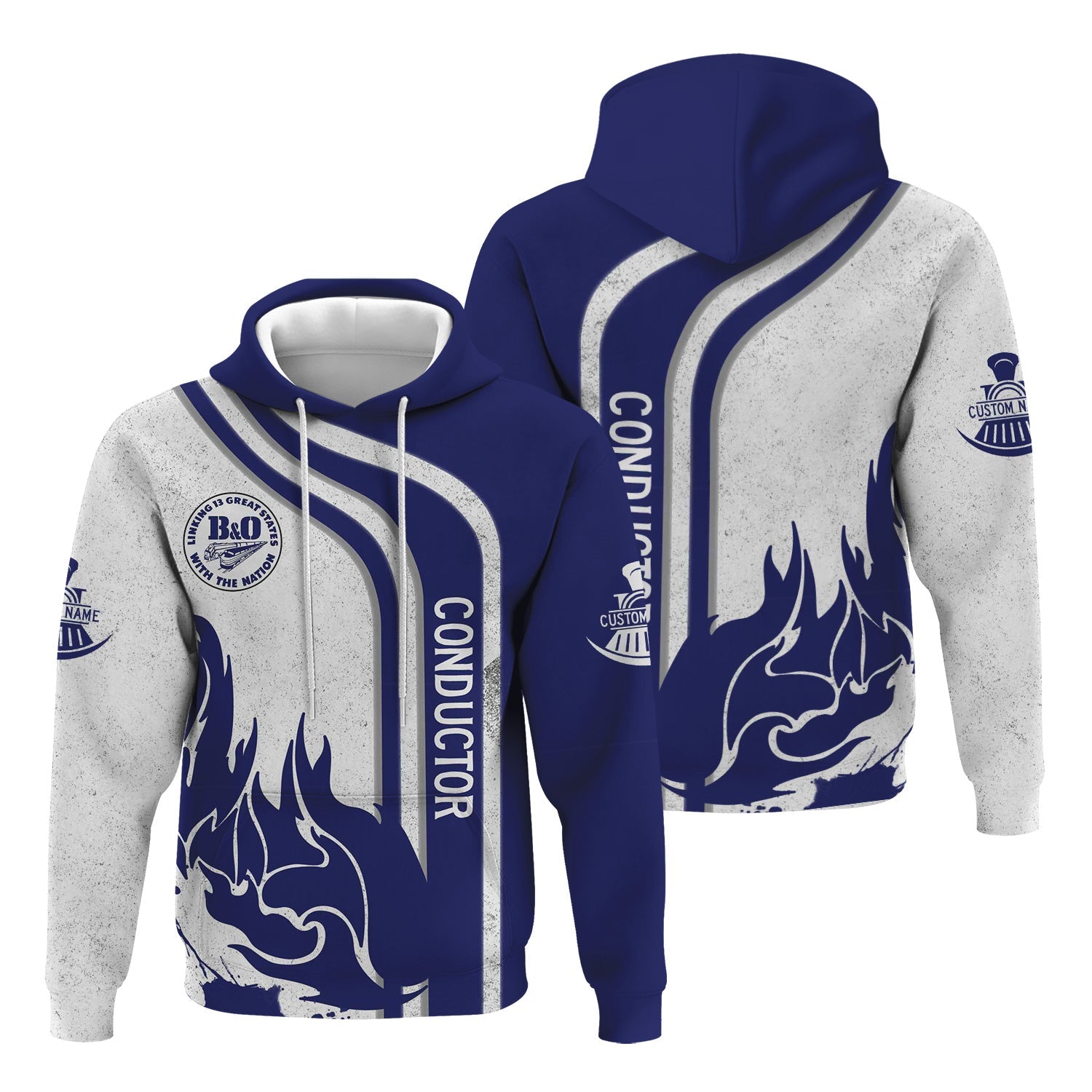 Railspirit Personalized B&O Great States Railroad Hoodie Flame Design with Custom Job Position Train Zip Up Hoodie