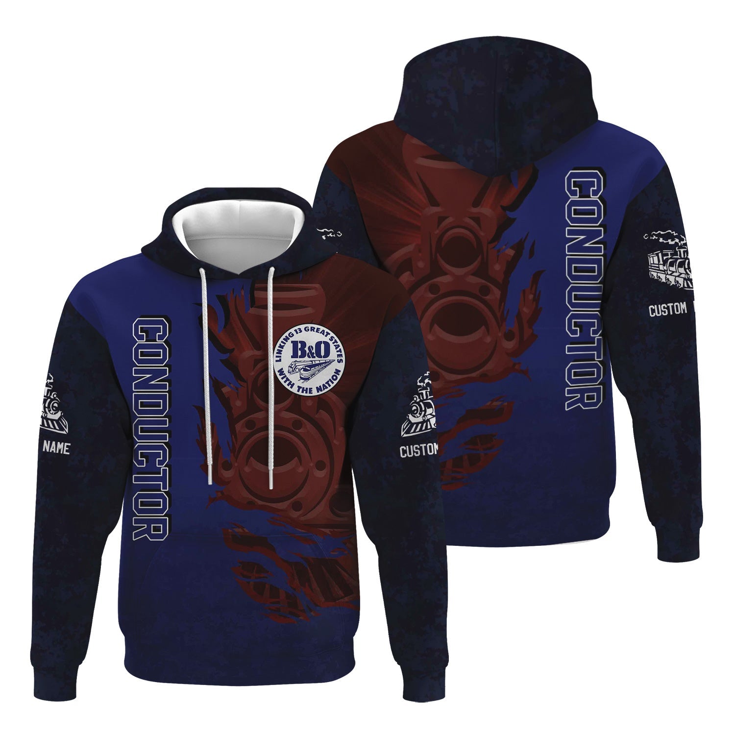 Railspirit Personalized B&O Great States Railroad Hoodie Blazing Style with Custom Position Train Zip Up Hoodie